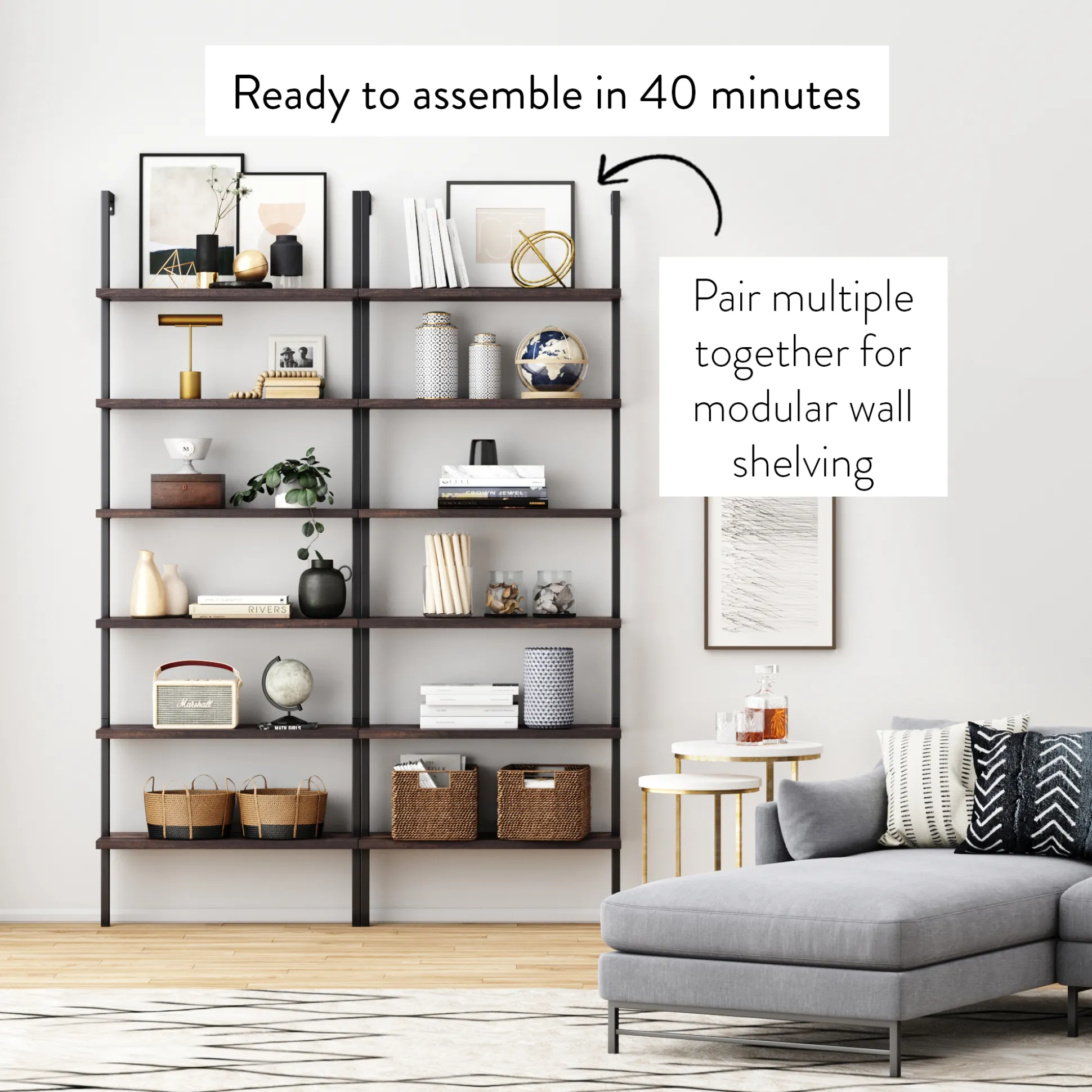 6-Shelf Bookcase Nutmeg Matte Black (Set of 2)