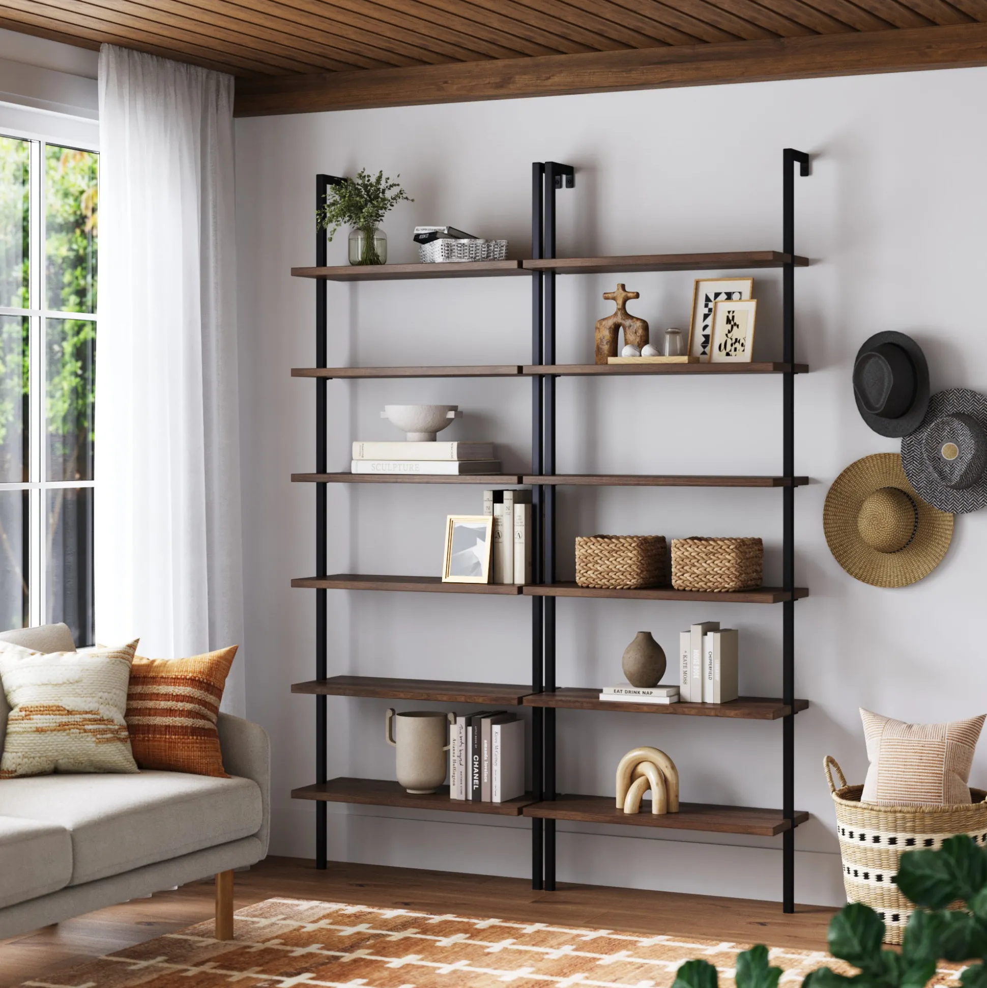 6-Shelf Bookcase Oak Matte Black (Set of 2)