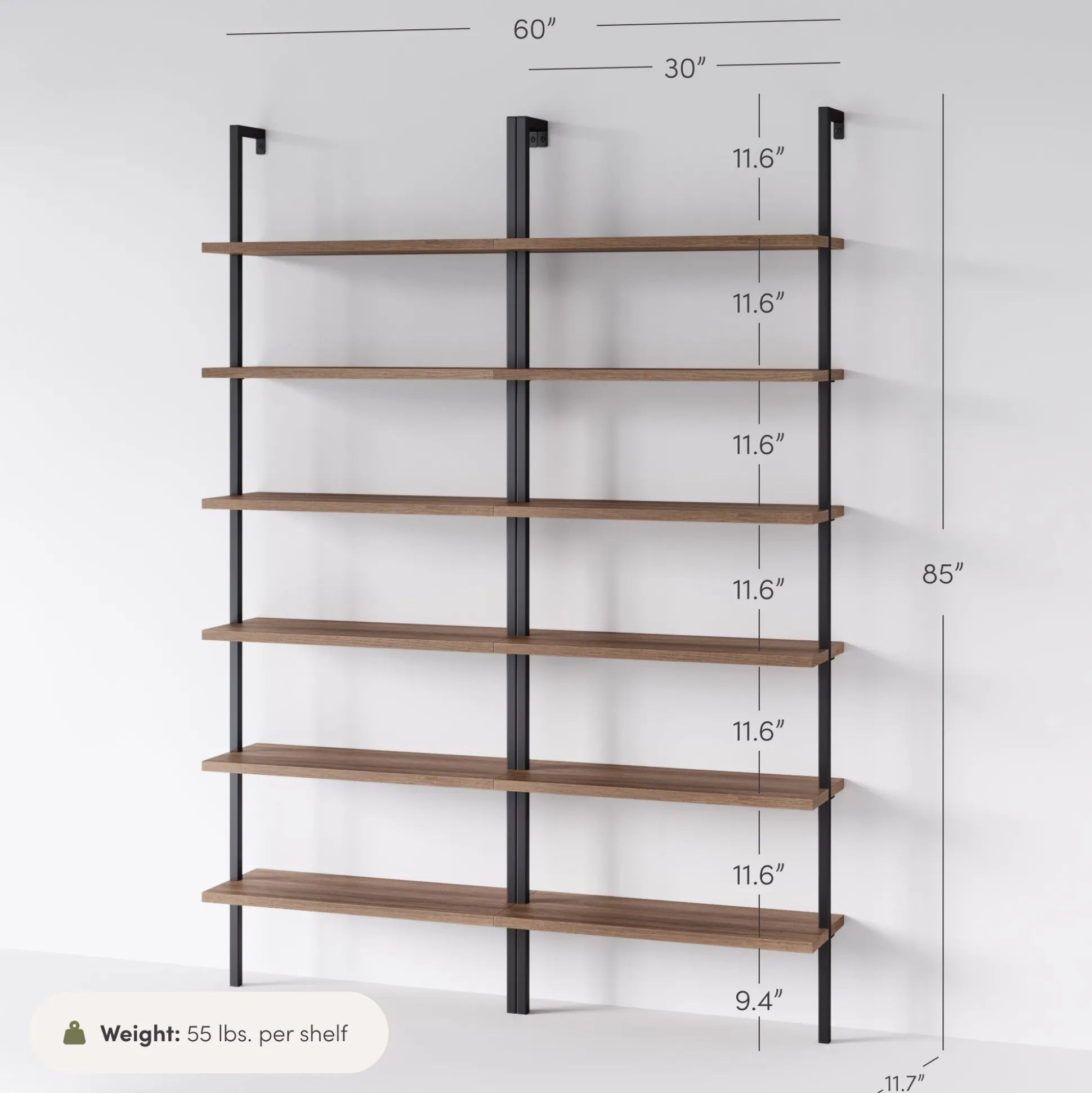 6-Shelf Bookcase Oak Matte Black (Set of 2)