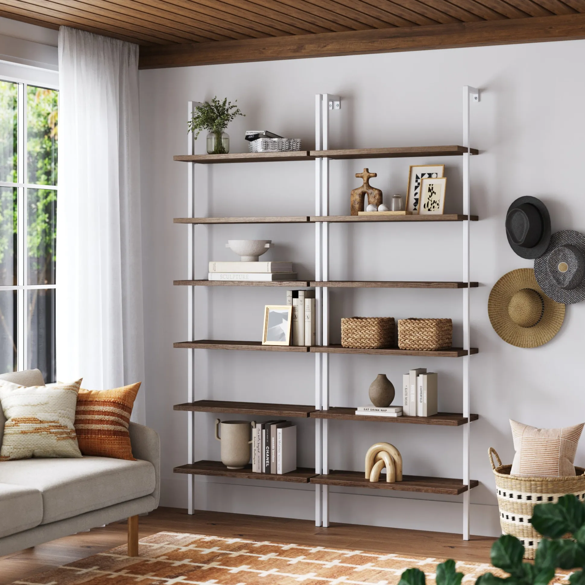 6-Shelf Bookcase Oak Matte White (Set of 2)