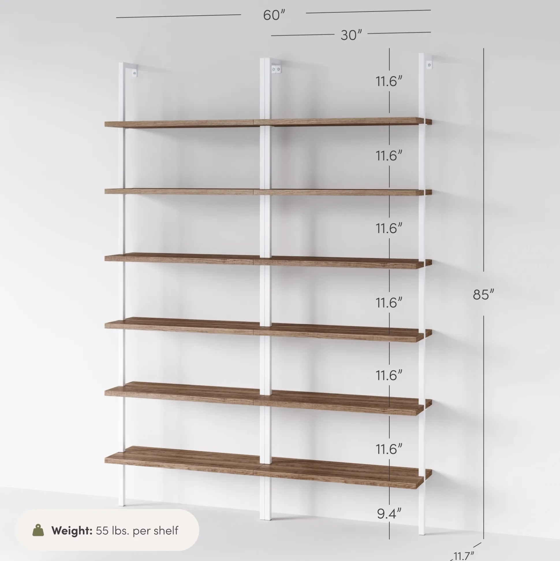 6-Shelf Bookcase Oak Matte White (Set of 2)