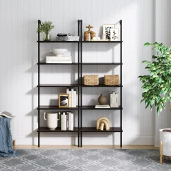 5-Shelf Bookshelf Walnut Matte Black (Set of 2)