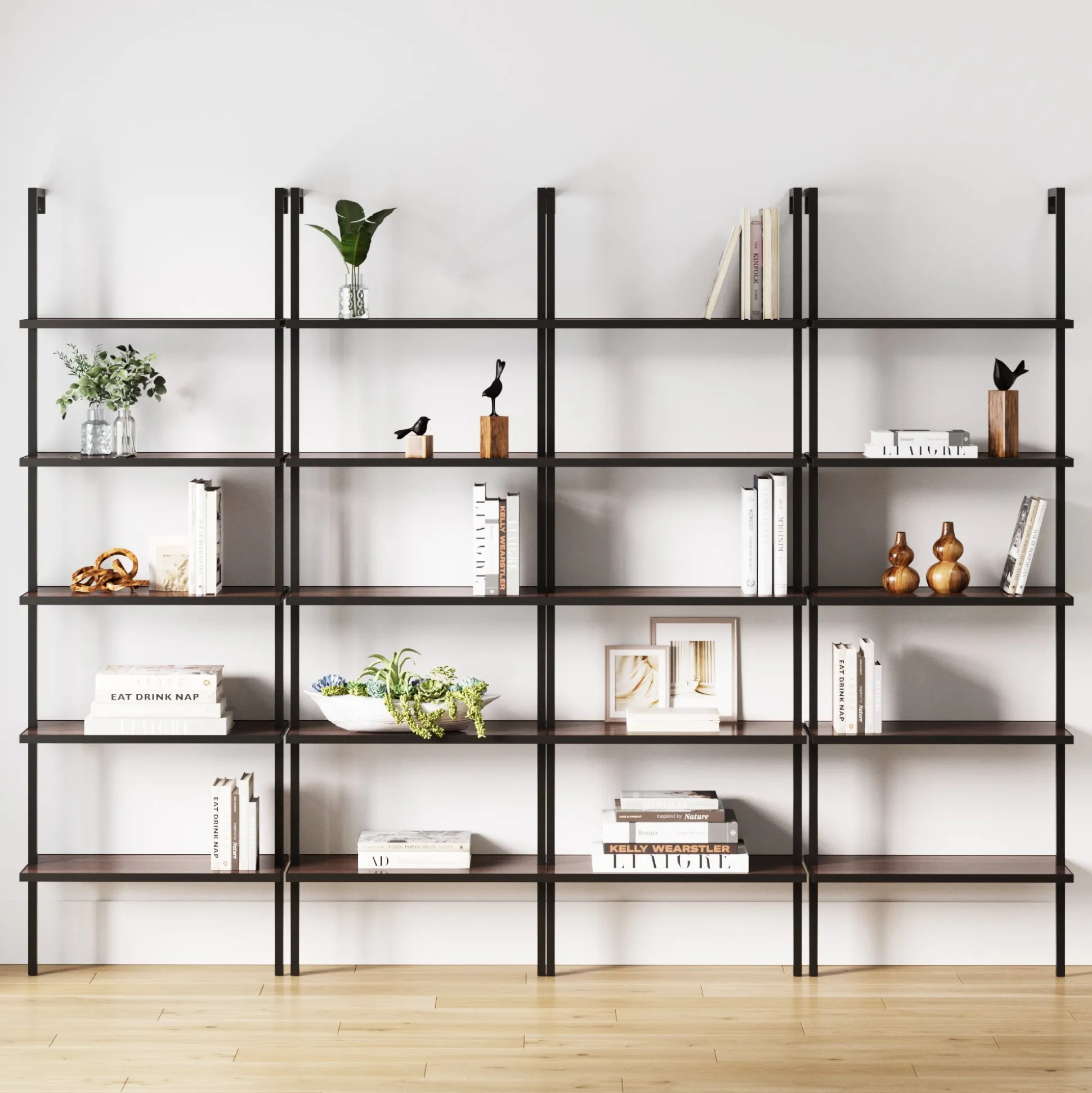 5-Shelf Bookshelf Walnut Matte Black (Set of 4)