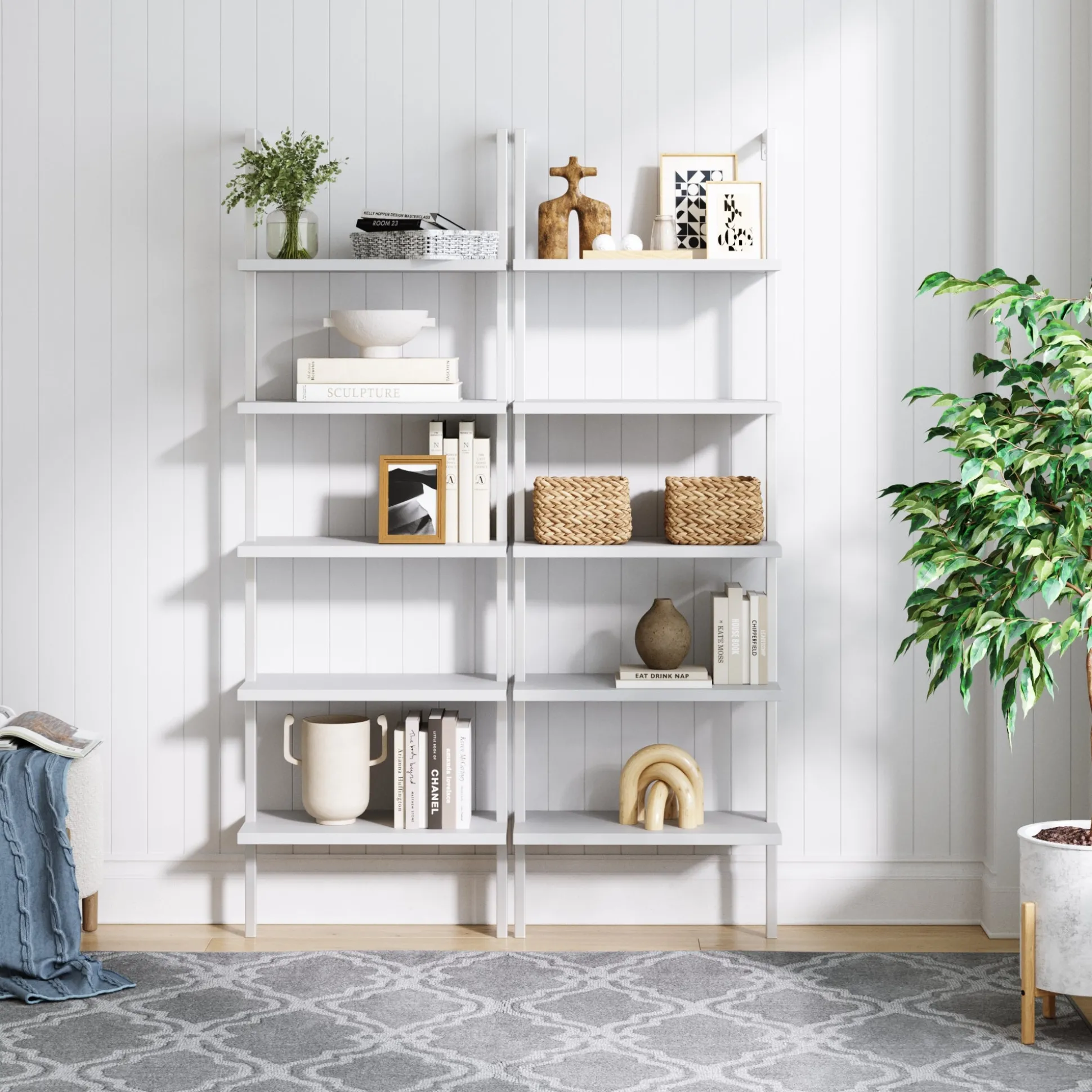 5-Shelf Coastal Ladder Bookshelf White (Set of 2)