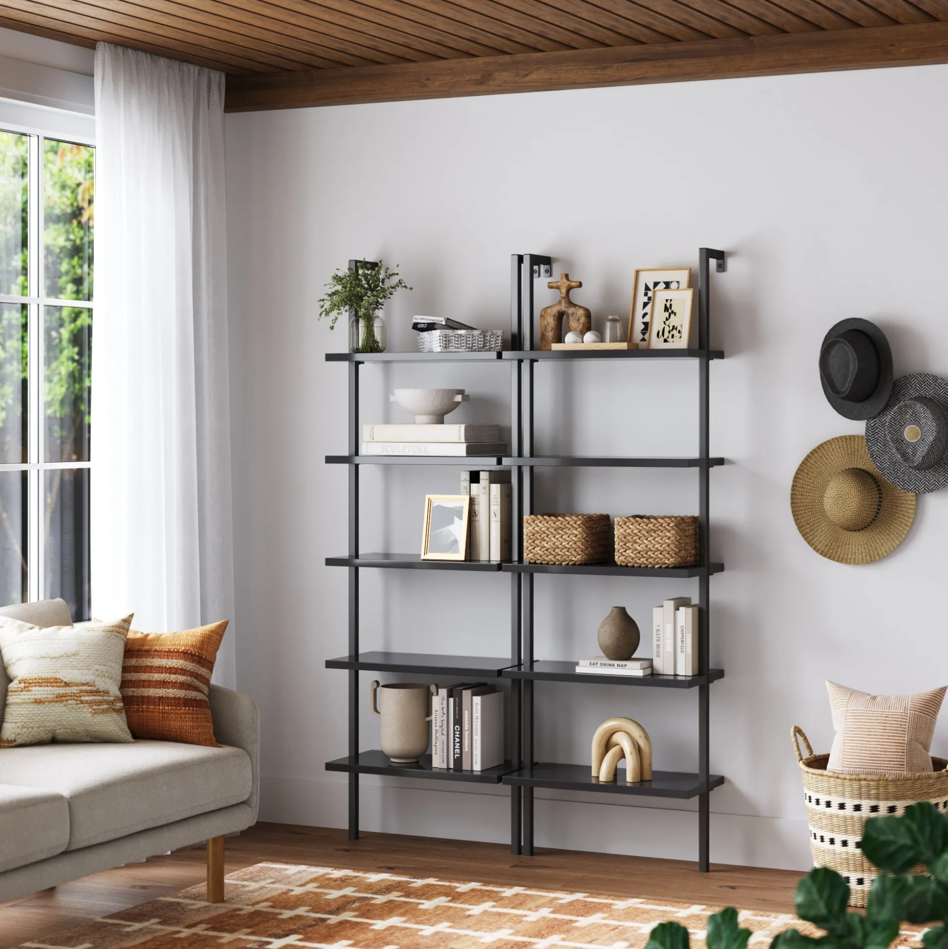 5-Shelf Ladder Bookshelf Black (Set of 2)