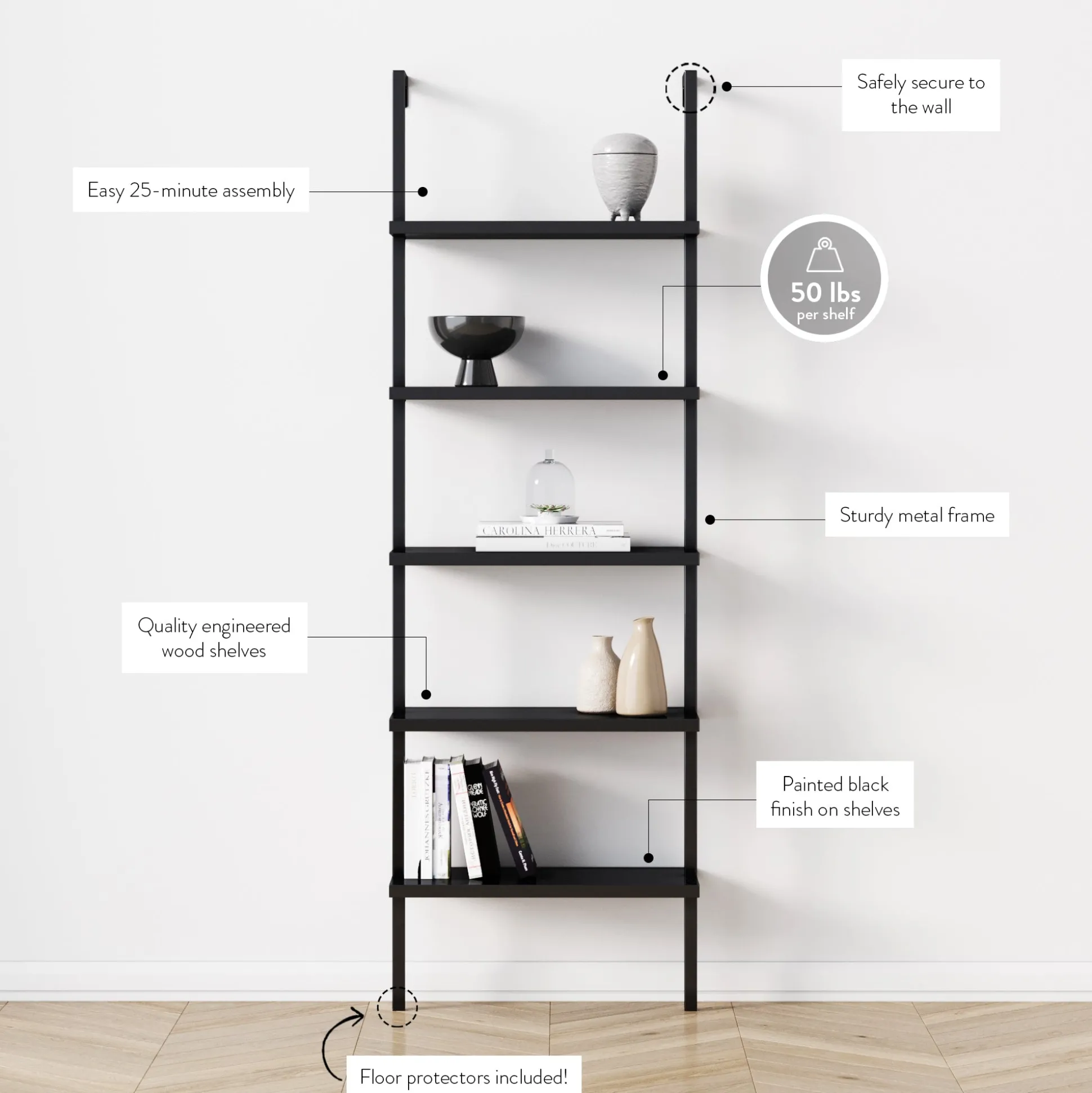 5-Shelf Ladder Bookshelf Black