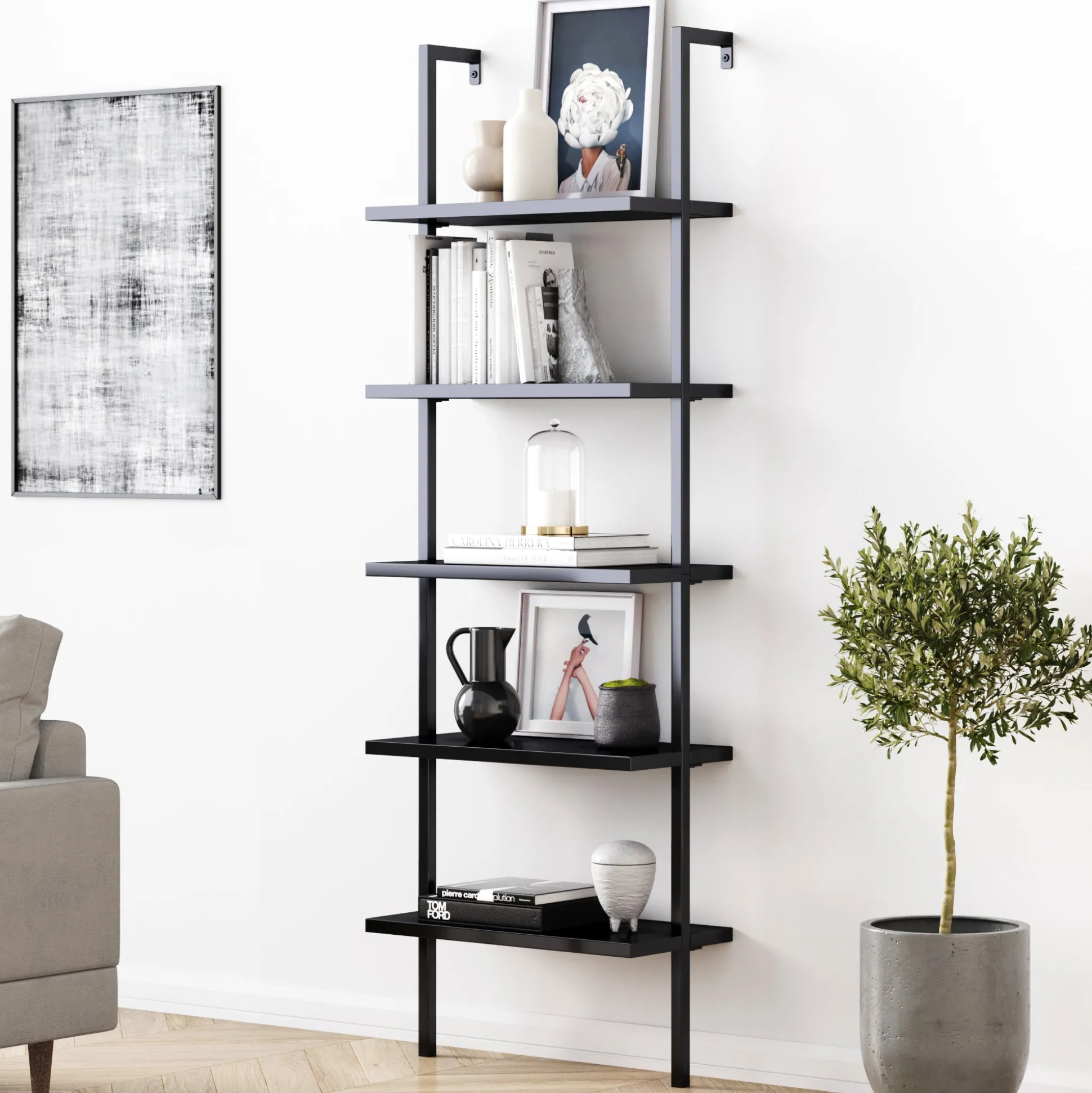 5-Shelf Ladder Bookshelf Black