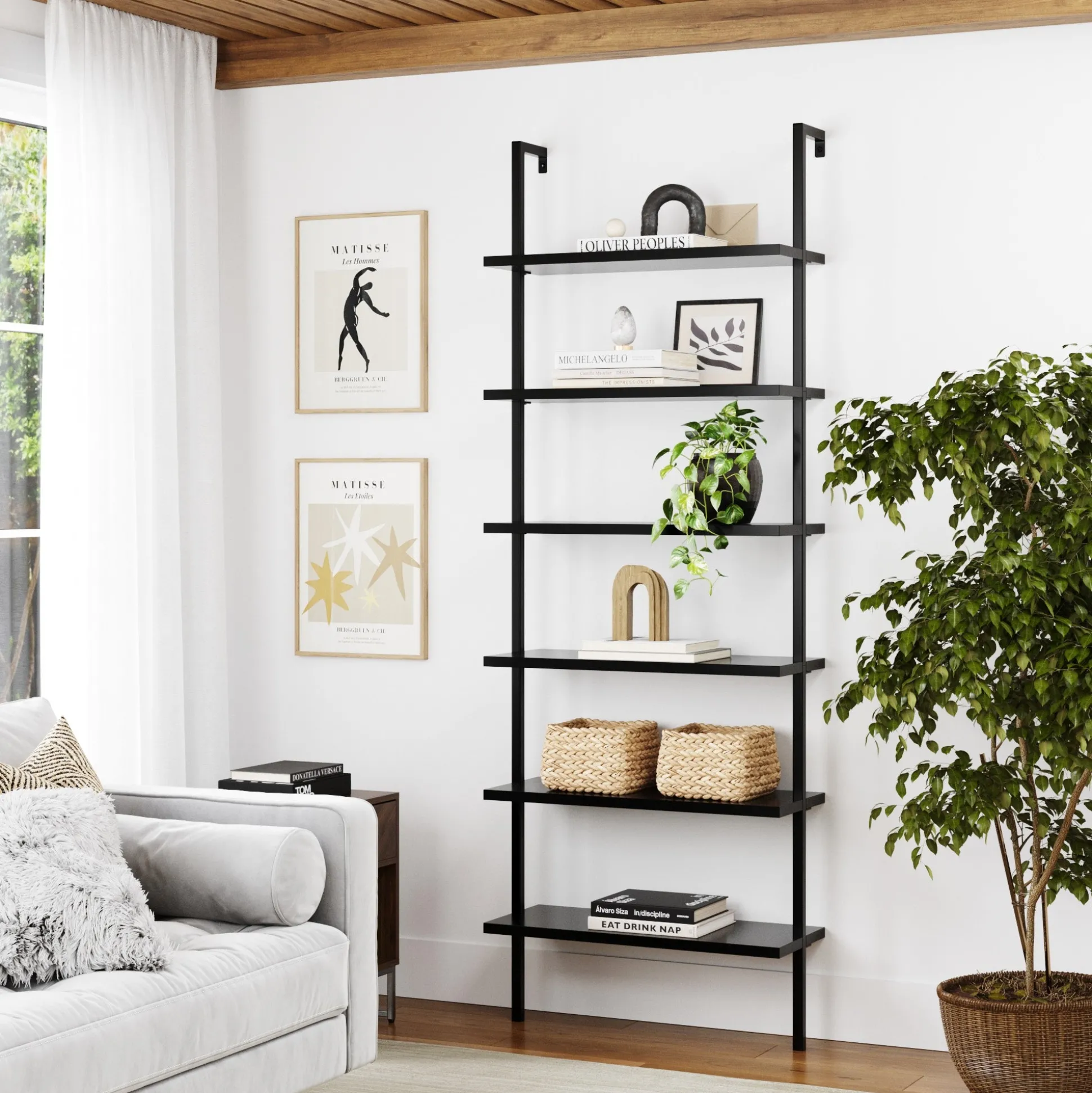 6-Shelf Ladder Bookshelf Black