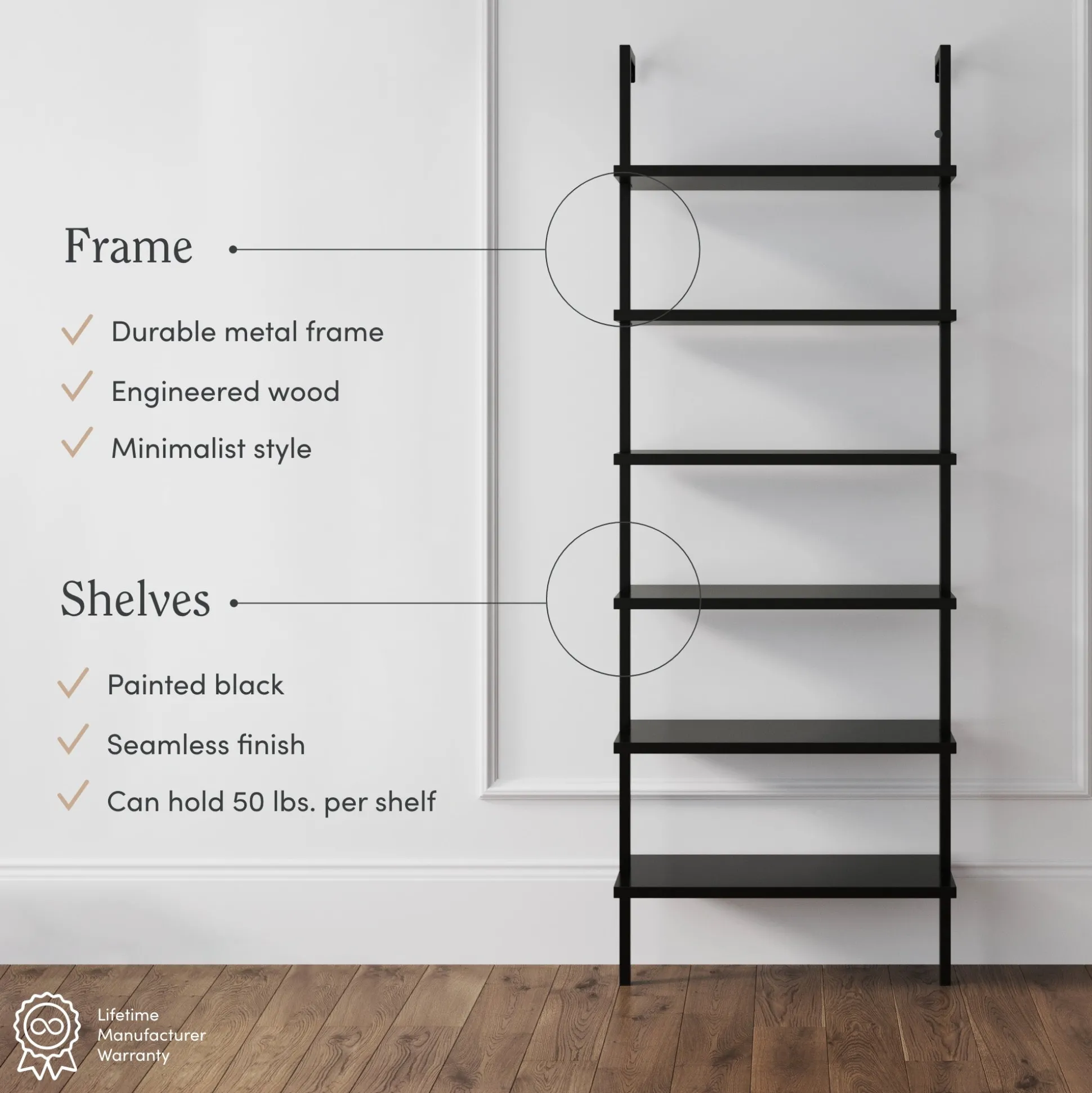 6-Shelf Ladder Bookshelf Black