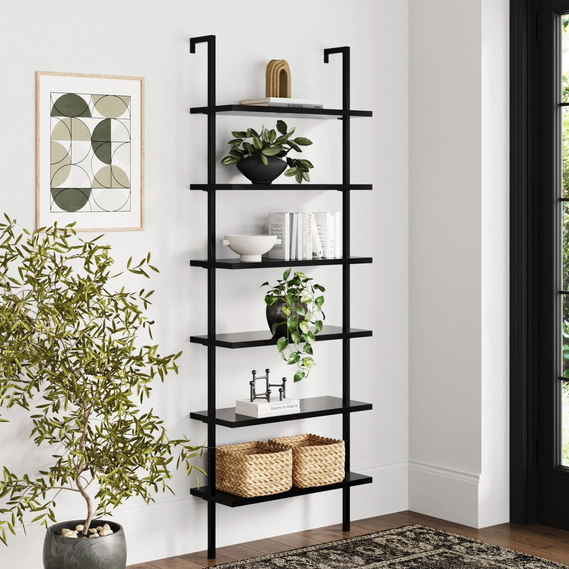 6-Shelf Ladder Bookshelf Black