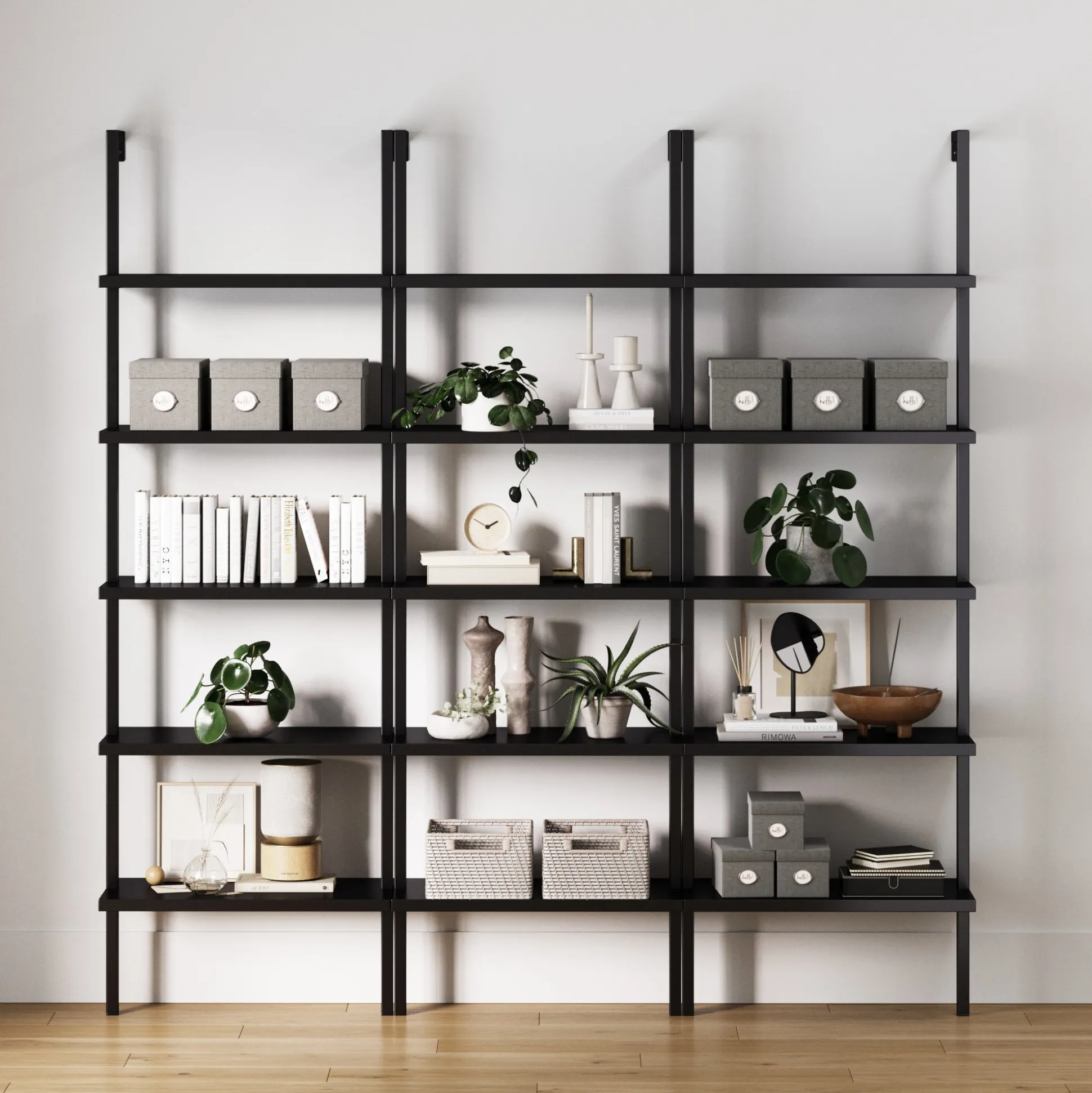 5-Shelf Ladder Bookshelf Black (Set of 3)