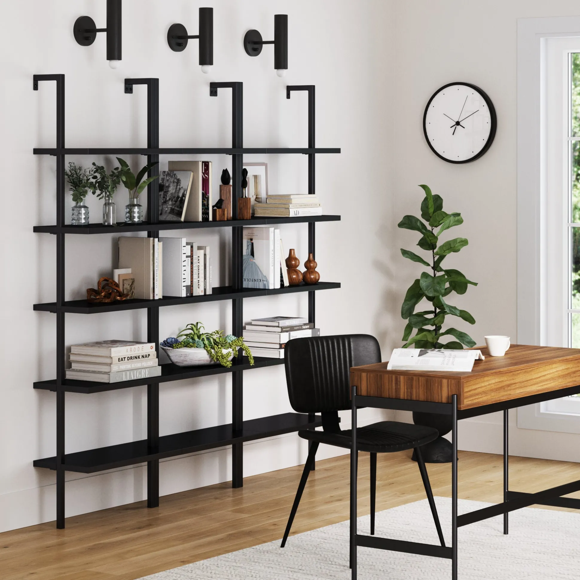 5-Shelf Ladder Bookshelf Black (Set of 3)