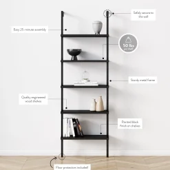5-Shelf Ladder Bookshelf Black (Set of 3)