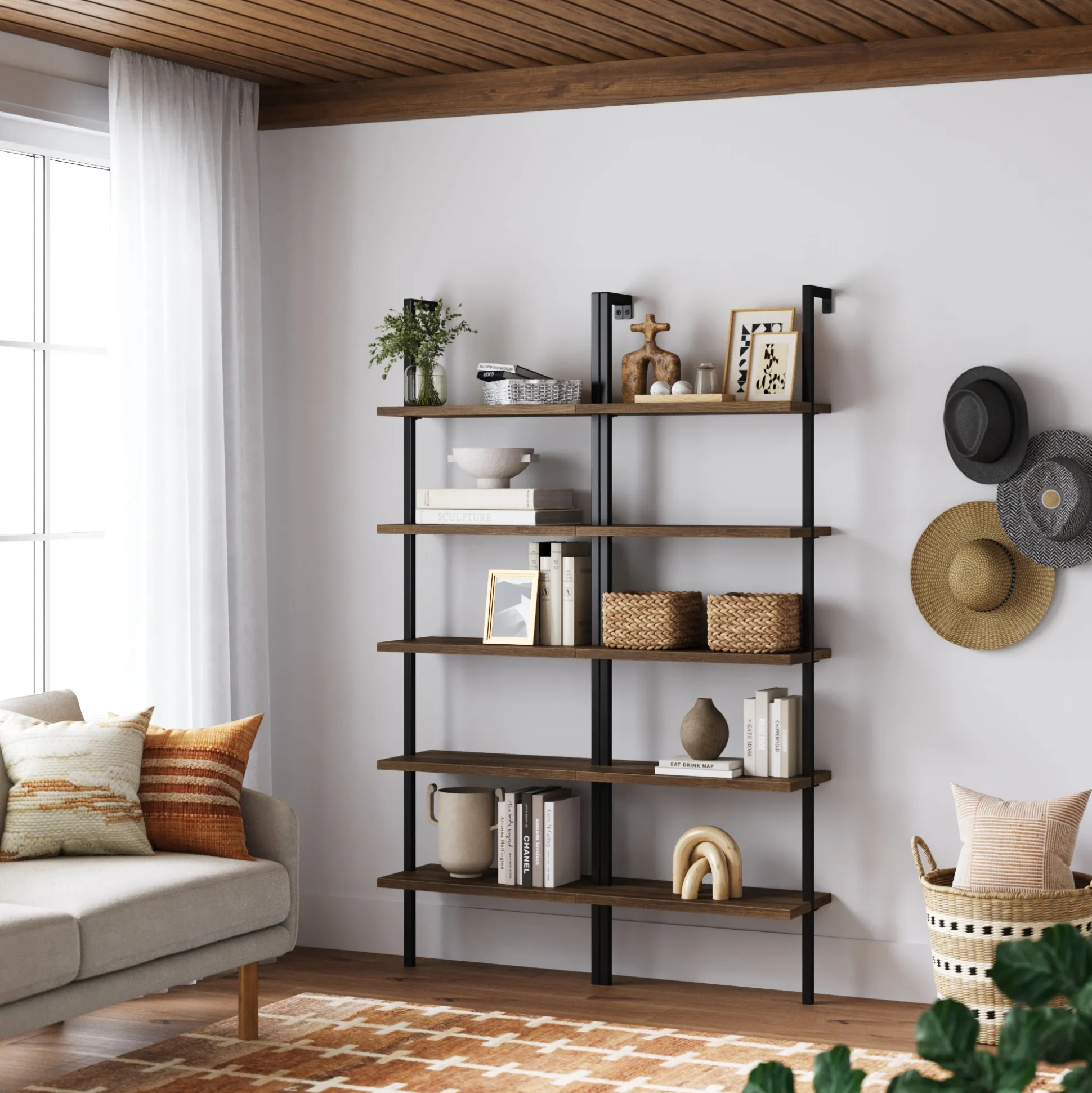 5-Shelf Ladder Bookshelf Oak Matte Black (Set of 2)