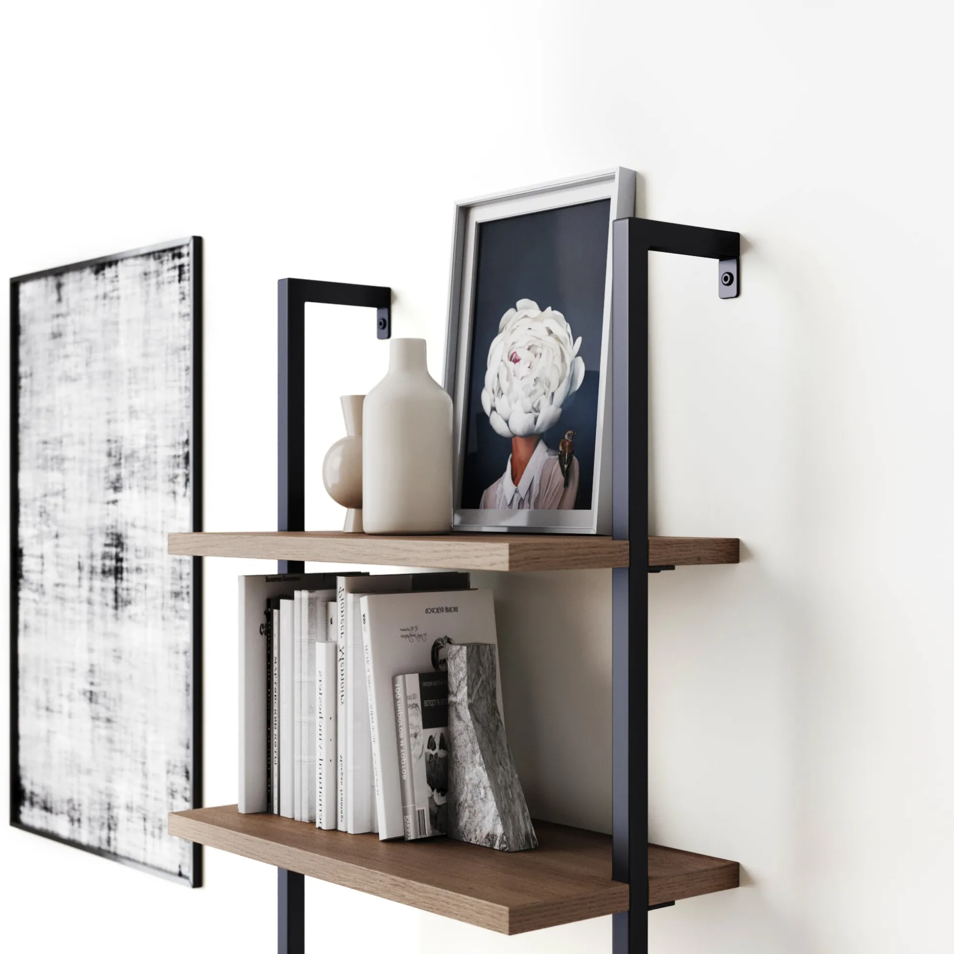 5-Shelf Ladder Bookshelf Oak Matte Black (Set of 2)