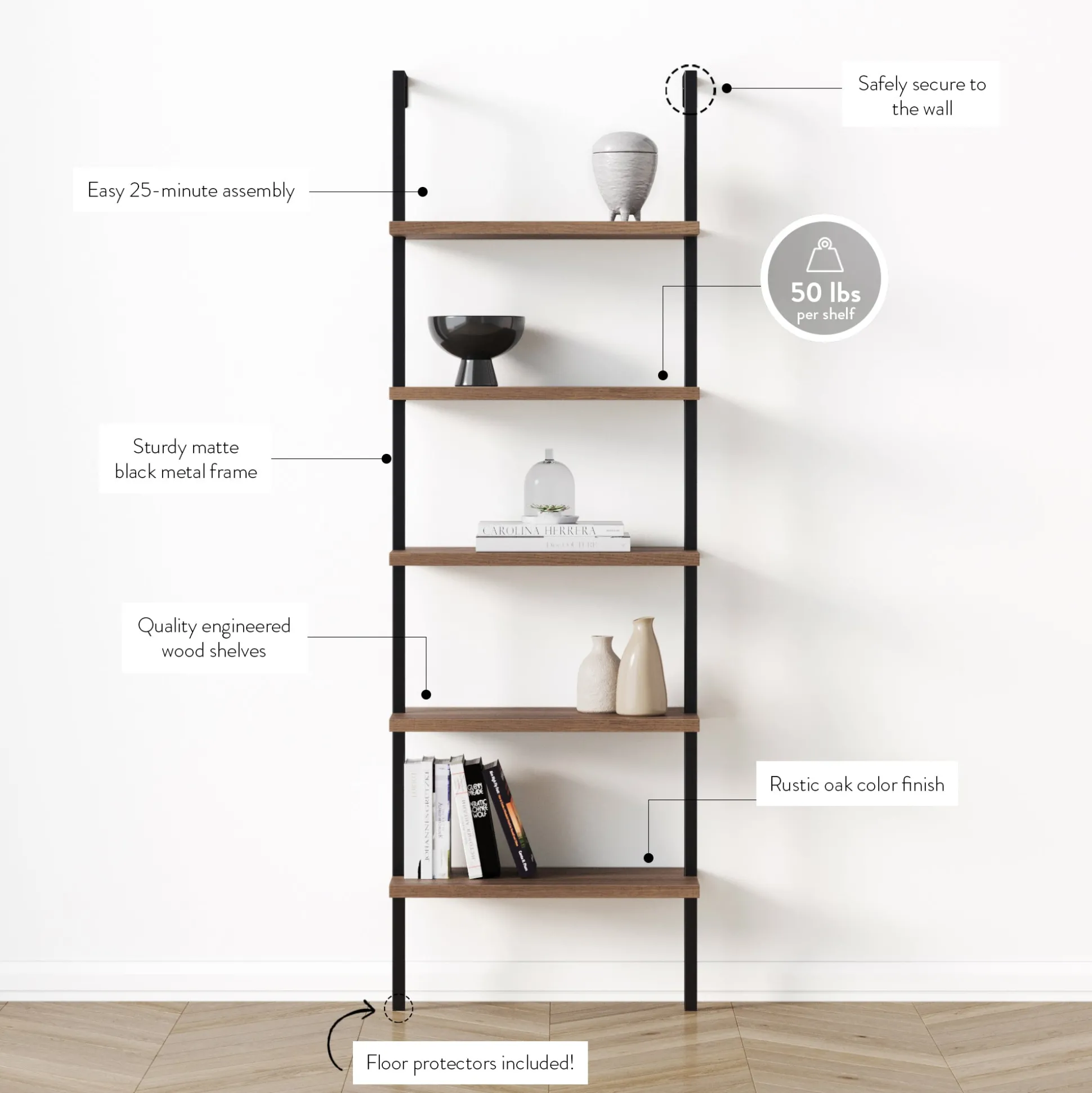 5-Shelf Ladder Bookshelf Oak Matte Black (Set of 2)