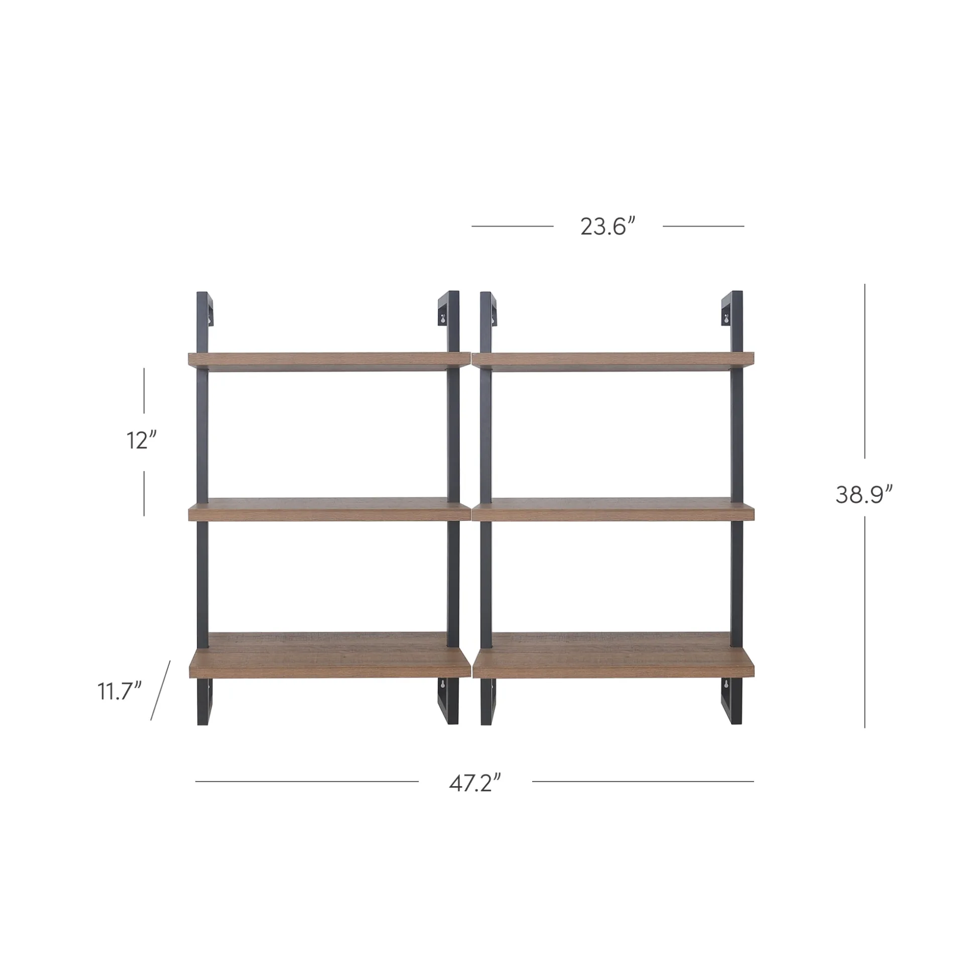 3-Shelf Ladder Bookshelf Oak Matte Black (Set of 2)