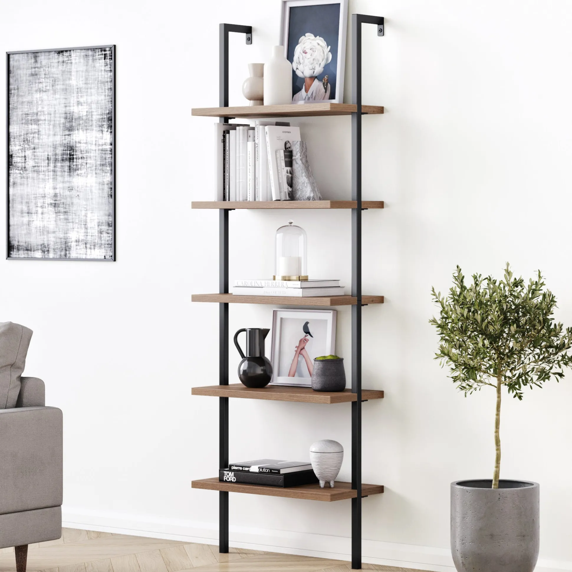5-Shelf Ladder Bookshelf Oak Matte Black