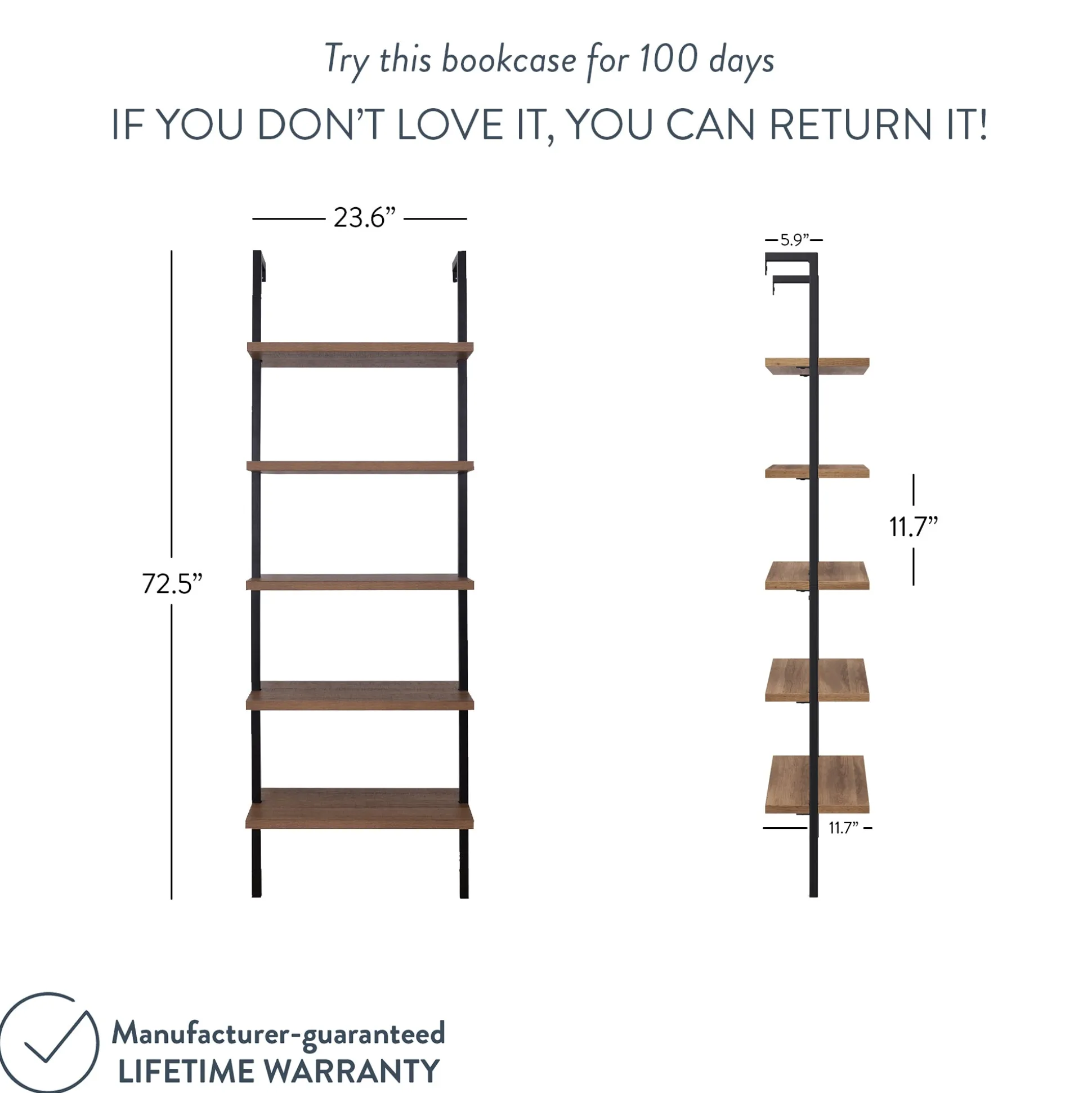 5-Shelf Ladder Bookshelf Oak Matte Black