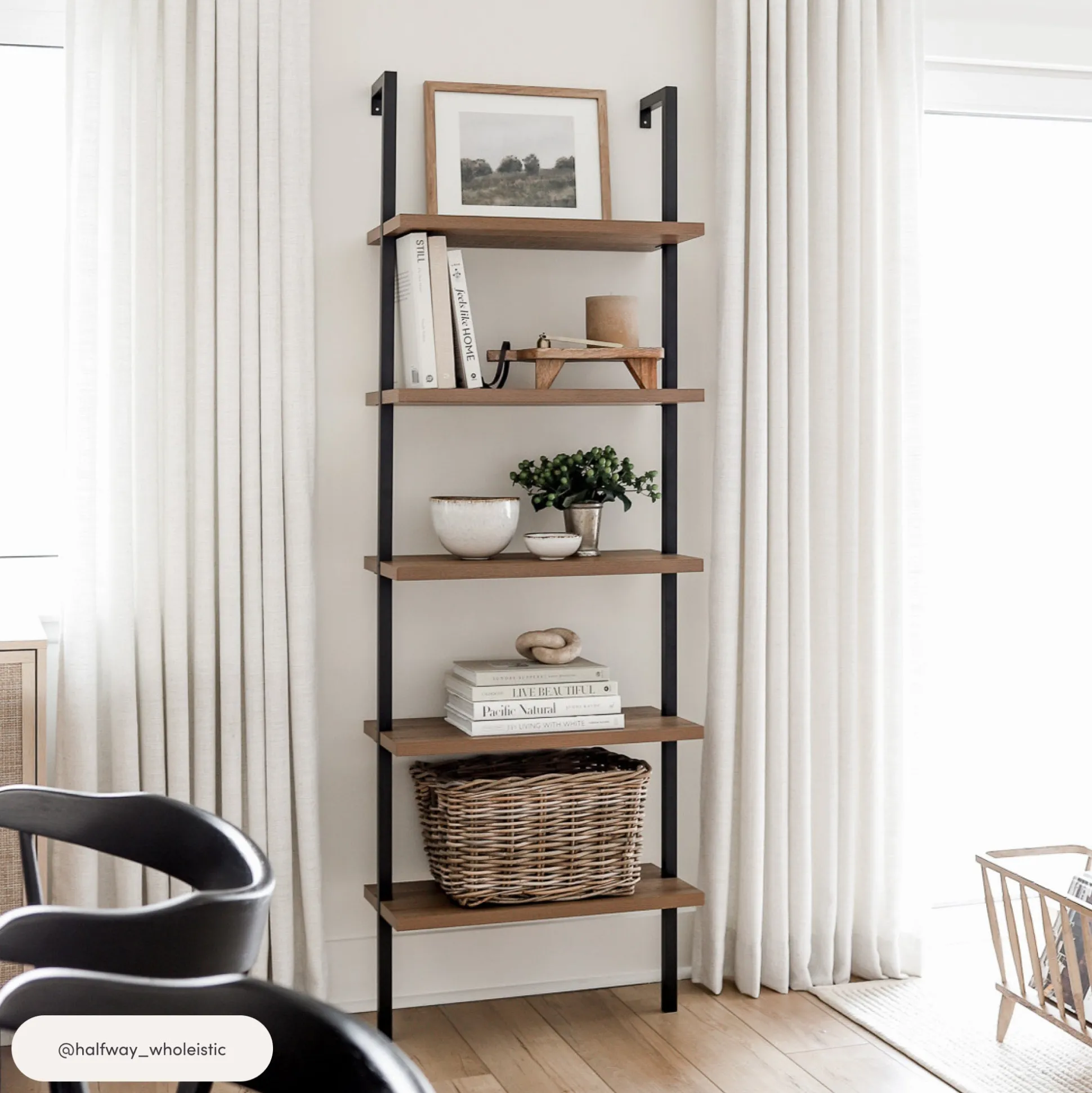 5-Shelf Ladder Bookshelf Oak Matte Black