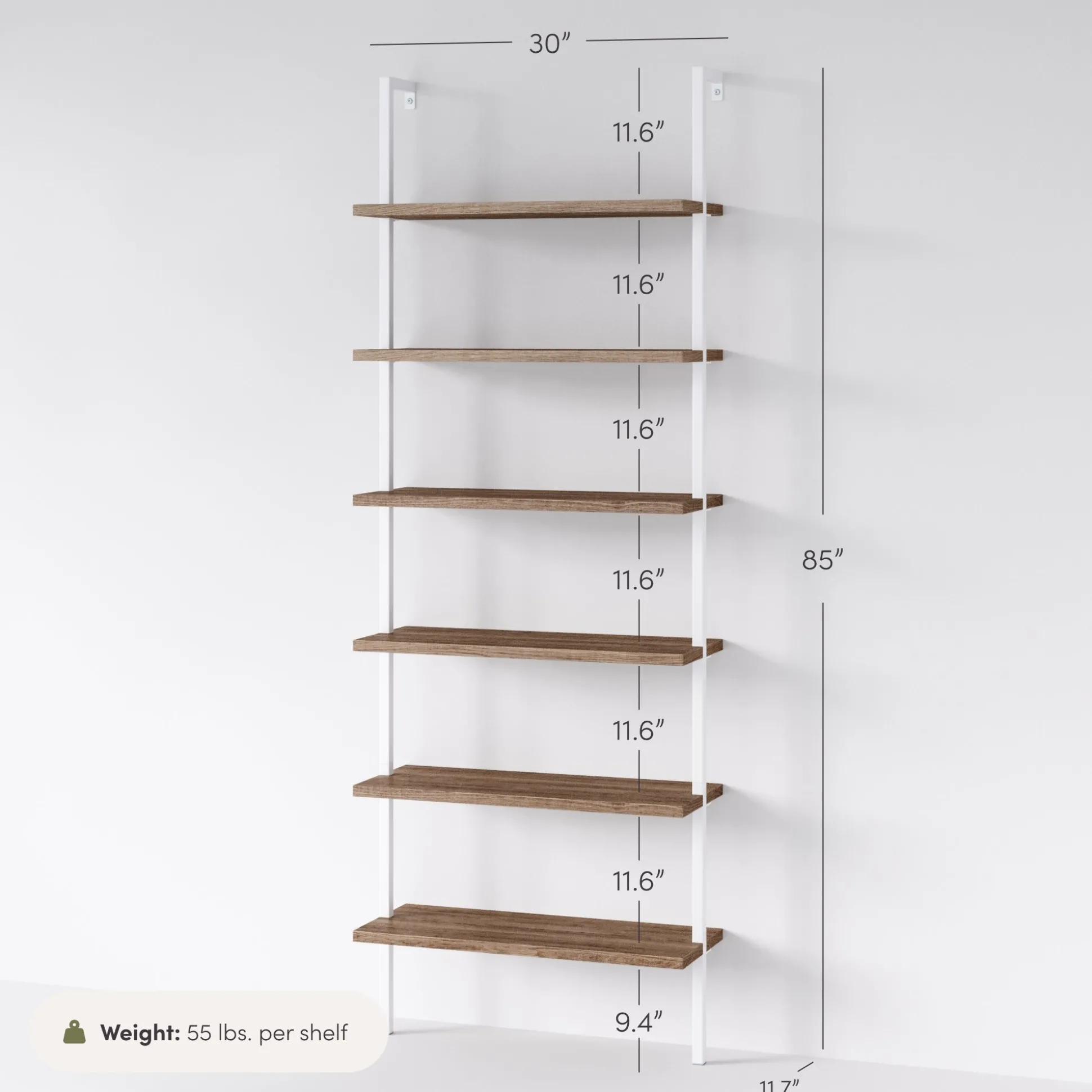 6-Shelf Ladder Bookshelf Oak Matte White