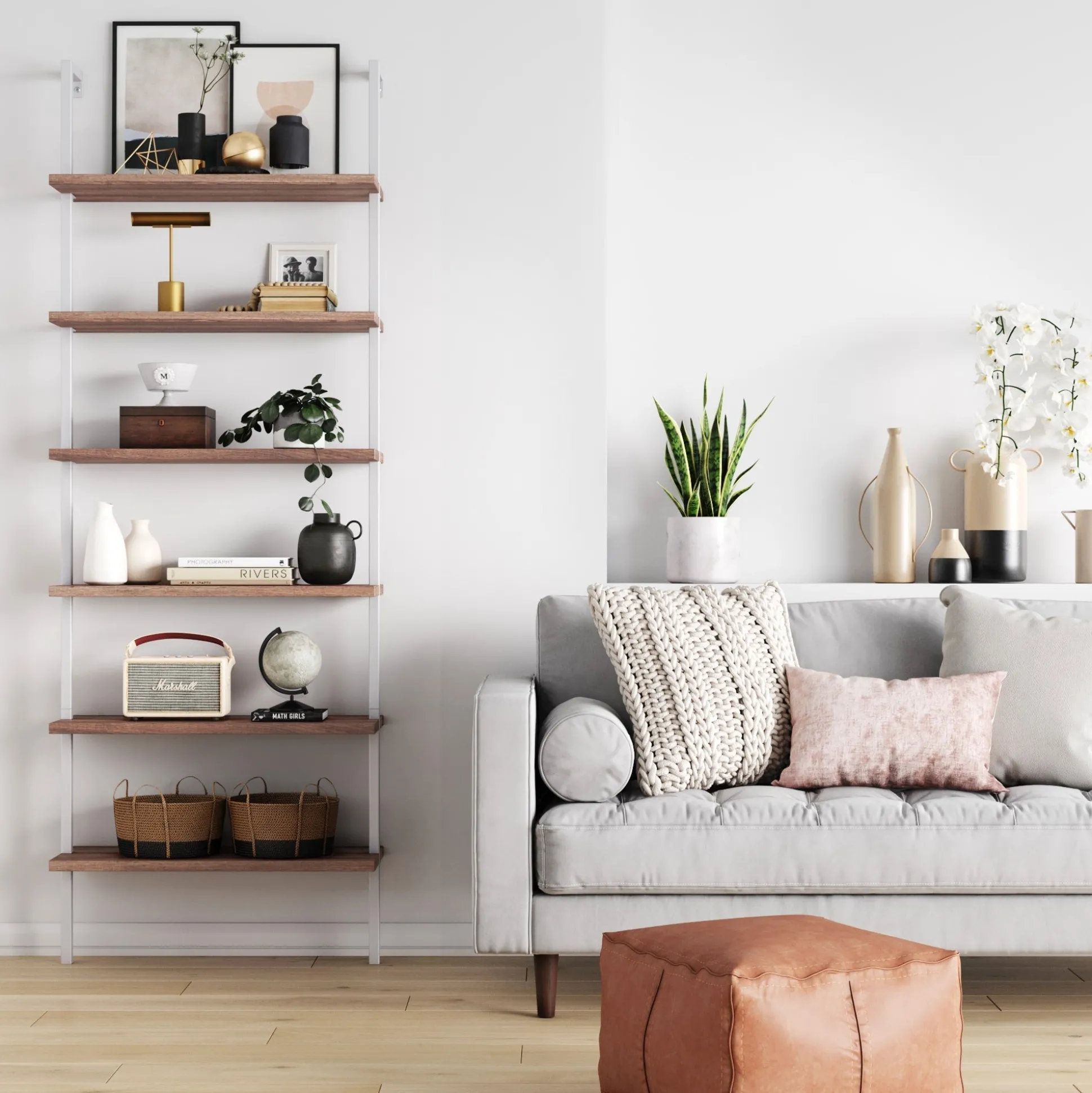 6-Shelf Ladder Bookshelf Oak Matte White