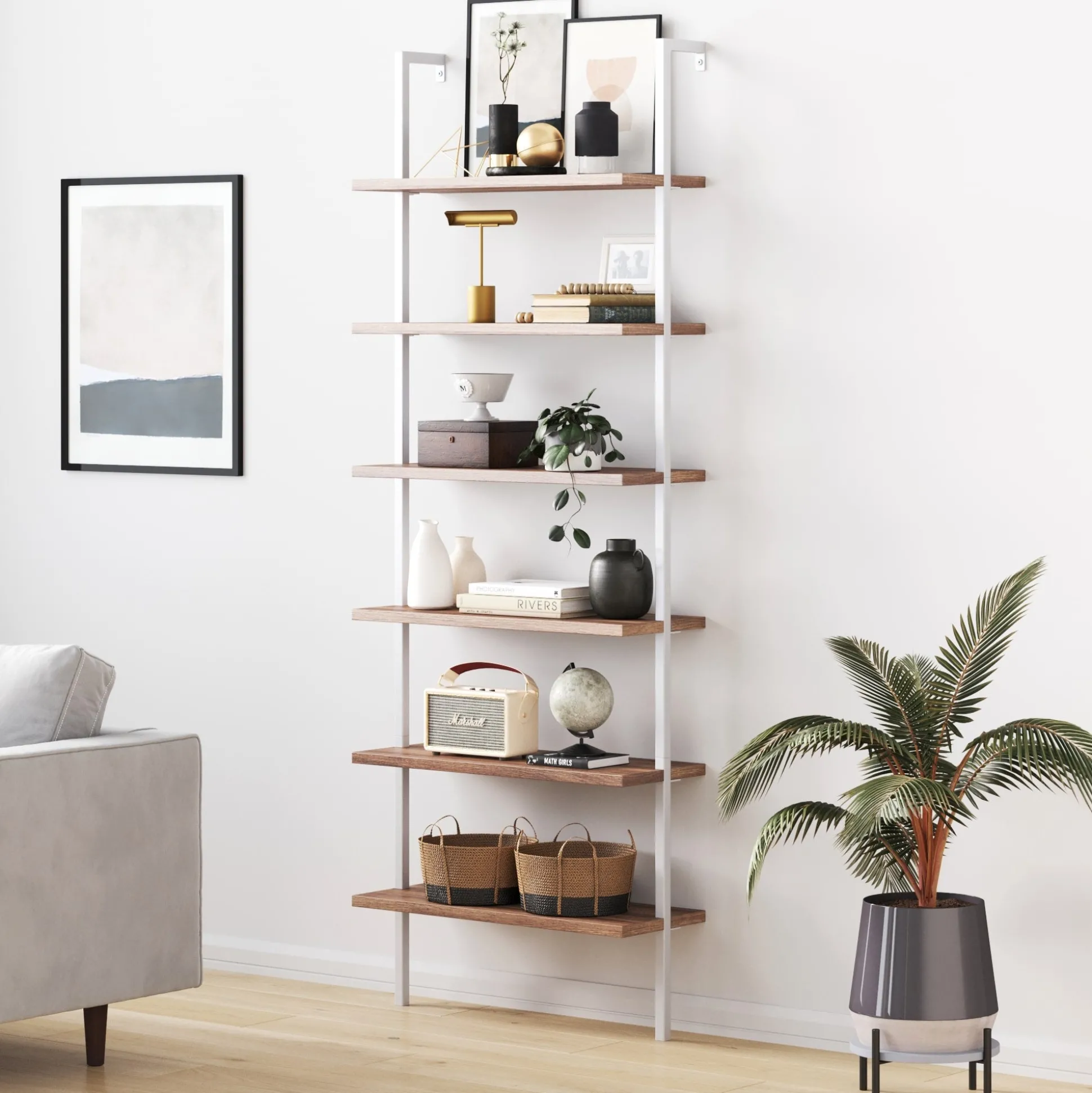 6-Shelf Ladder Bookshelf Oak Matte White