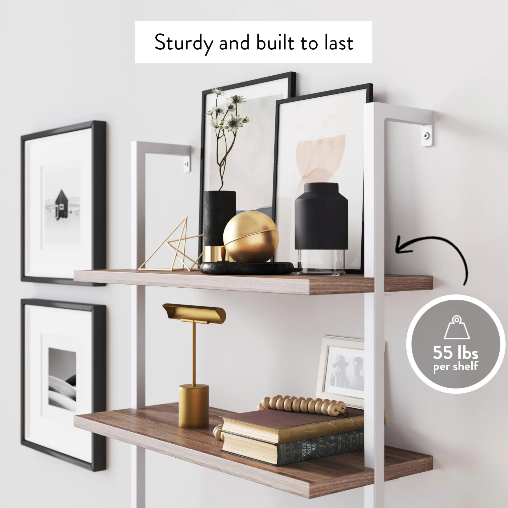 6-Shelf Ladder Bookshelf Oak Matte White