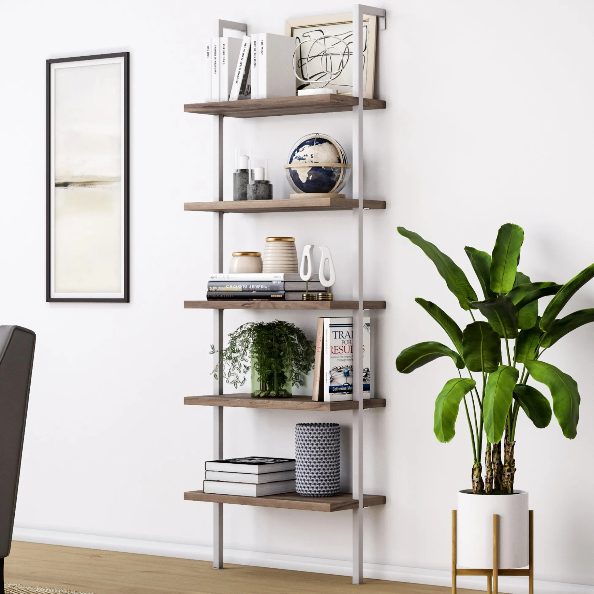 5-Shelf Ladder Bookshelf Oak Matte White
