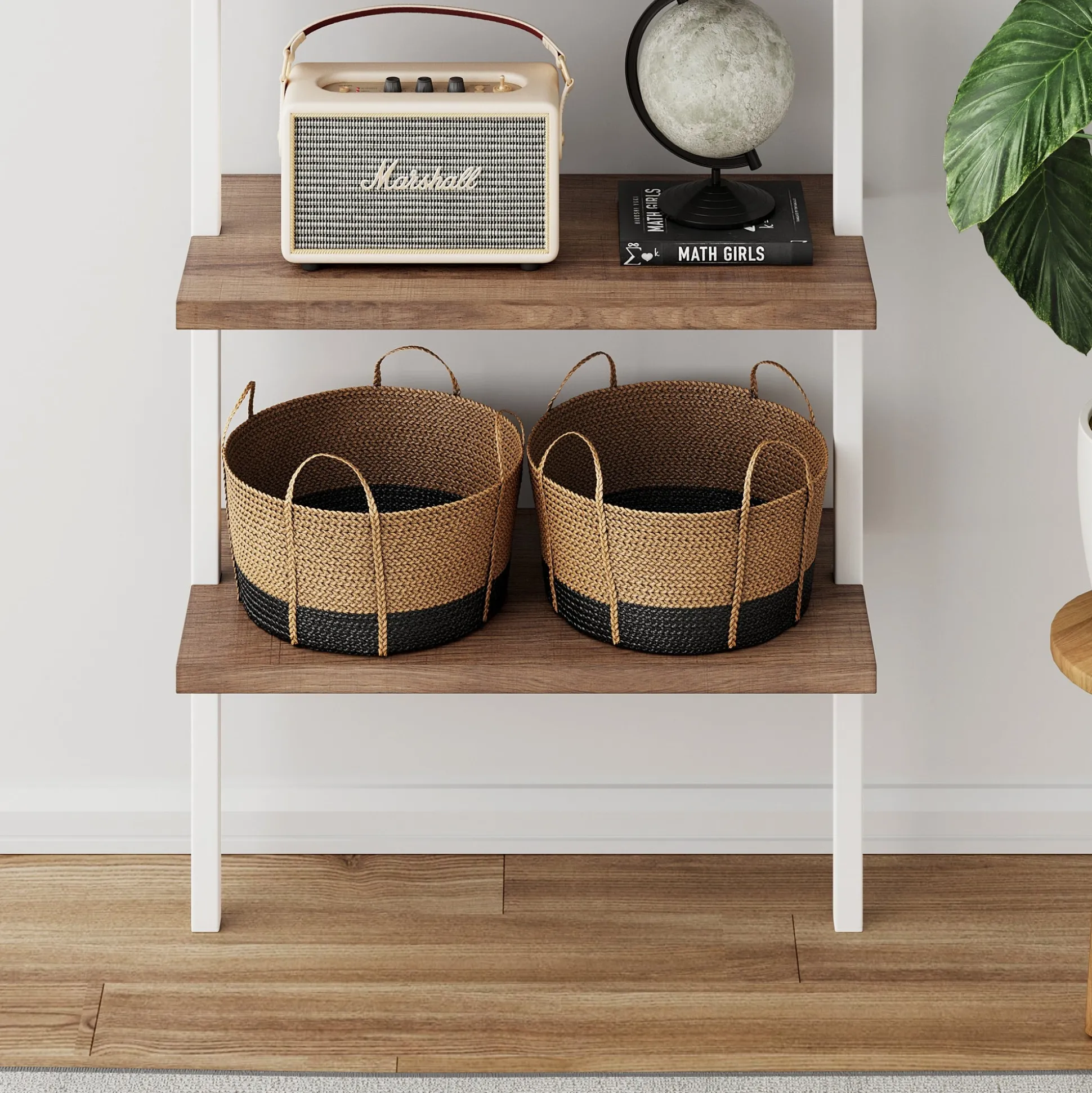 5-Shelf Ladder Bookshelf Oak Matte White