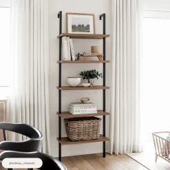 5-Shelf Ladder Bookshelf Oak Matte Black (Set of 3)
