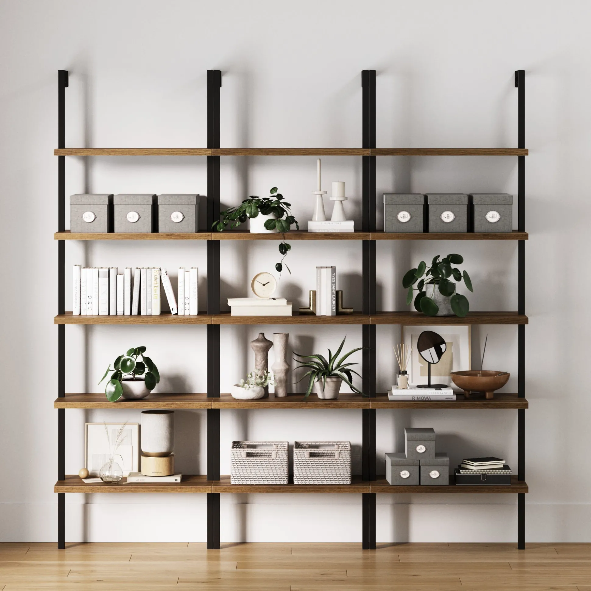 5-Shelf Ladder Bookshelf Oak Matte Black (Set of 3)