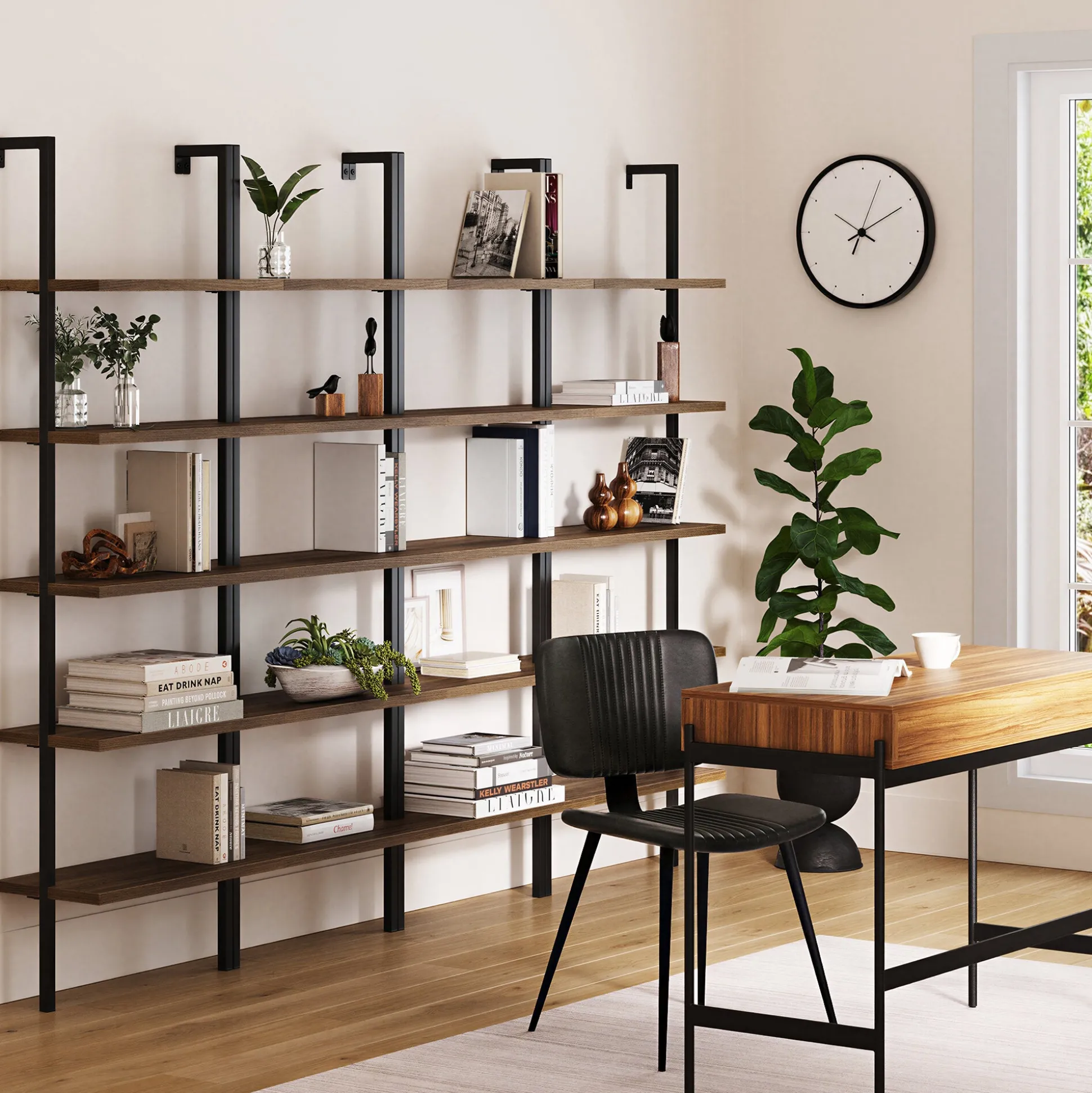 5-Shelf Ladder Bookshelf Oak Matte Black (Set of 4)