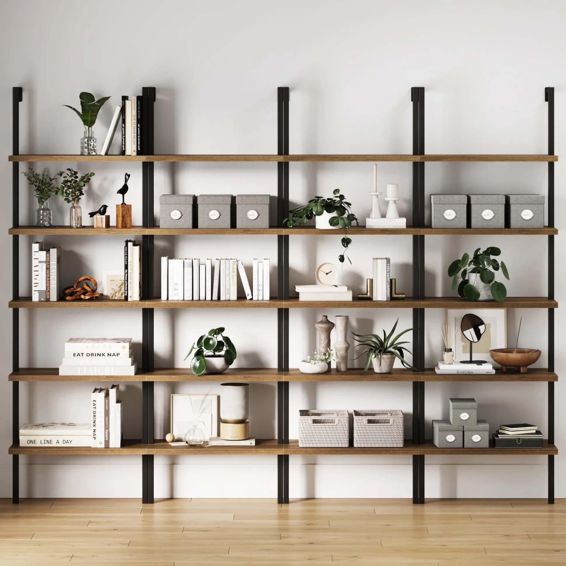 5-Shelf Ladder Bookshelf Oak Matte Black (Set of 4)