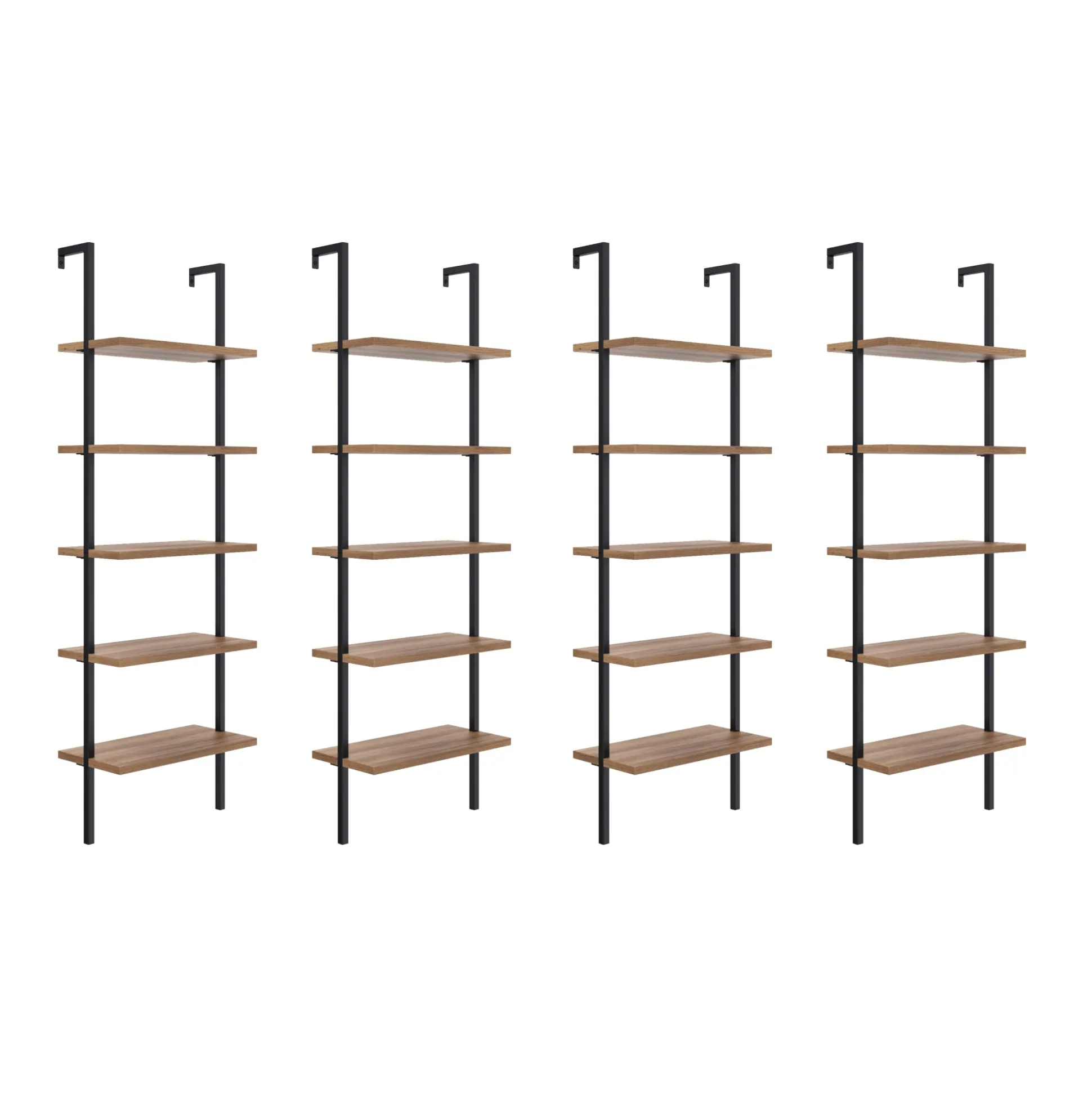 5-Shelf Ladder Bookshelf Oak Matte Black (Set of 4)