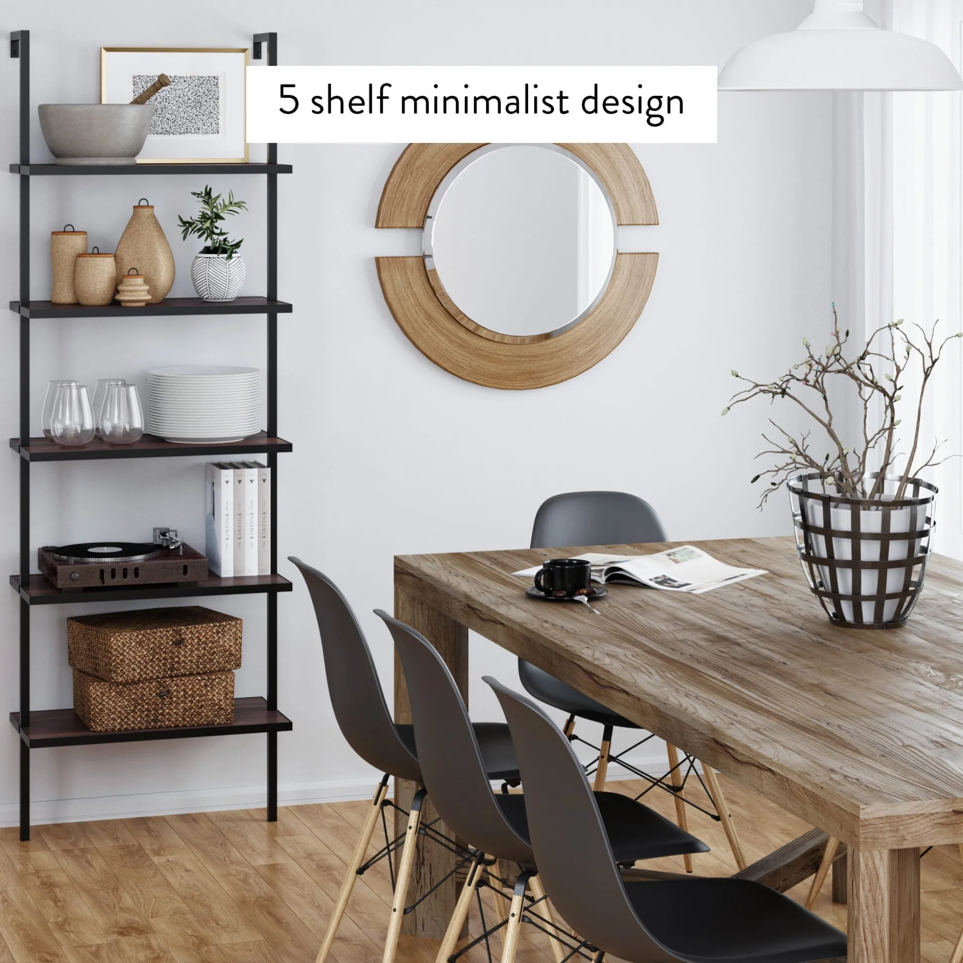 5-Shelf Ladder Bookshelf Walnut Matte Black