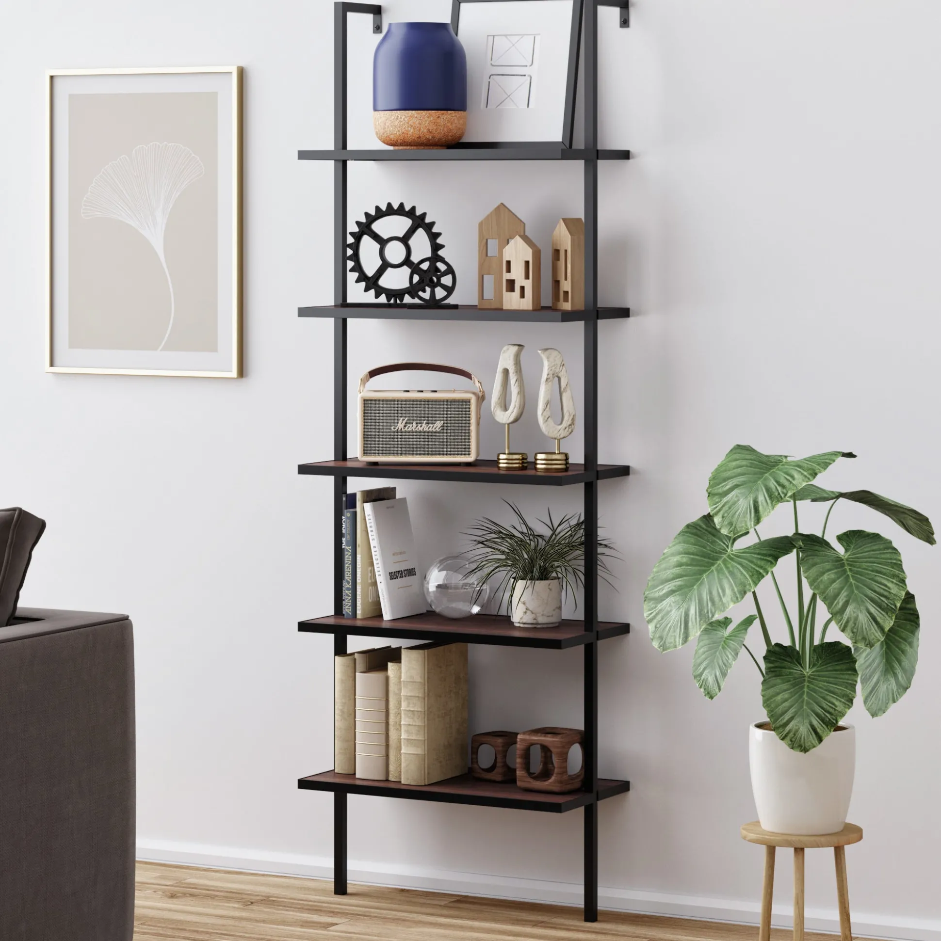 5-Shelf Ladder Bookshelf Walnut Matte Black