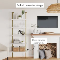 5-Shelf Ladder Bookshelf White Gold