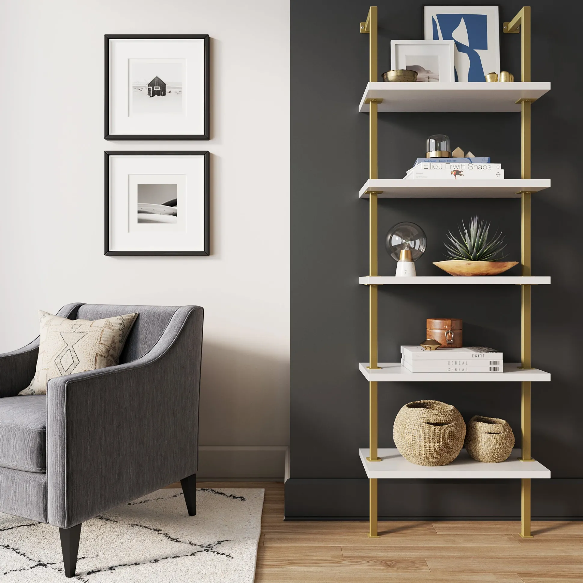 5-Shelf Ladder Bookshelf White Gold
