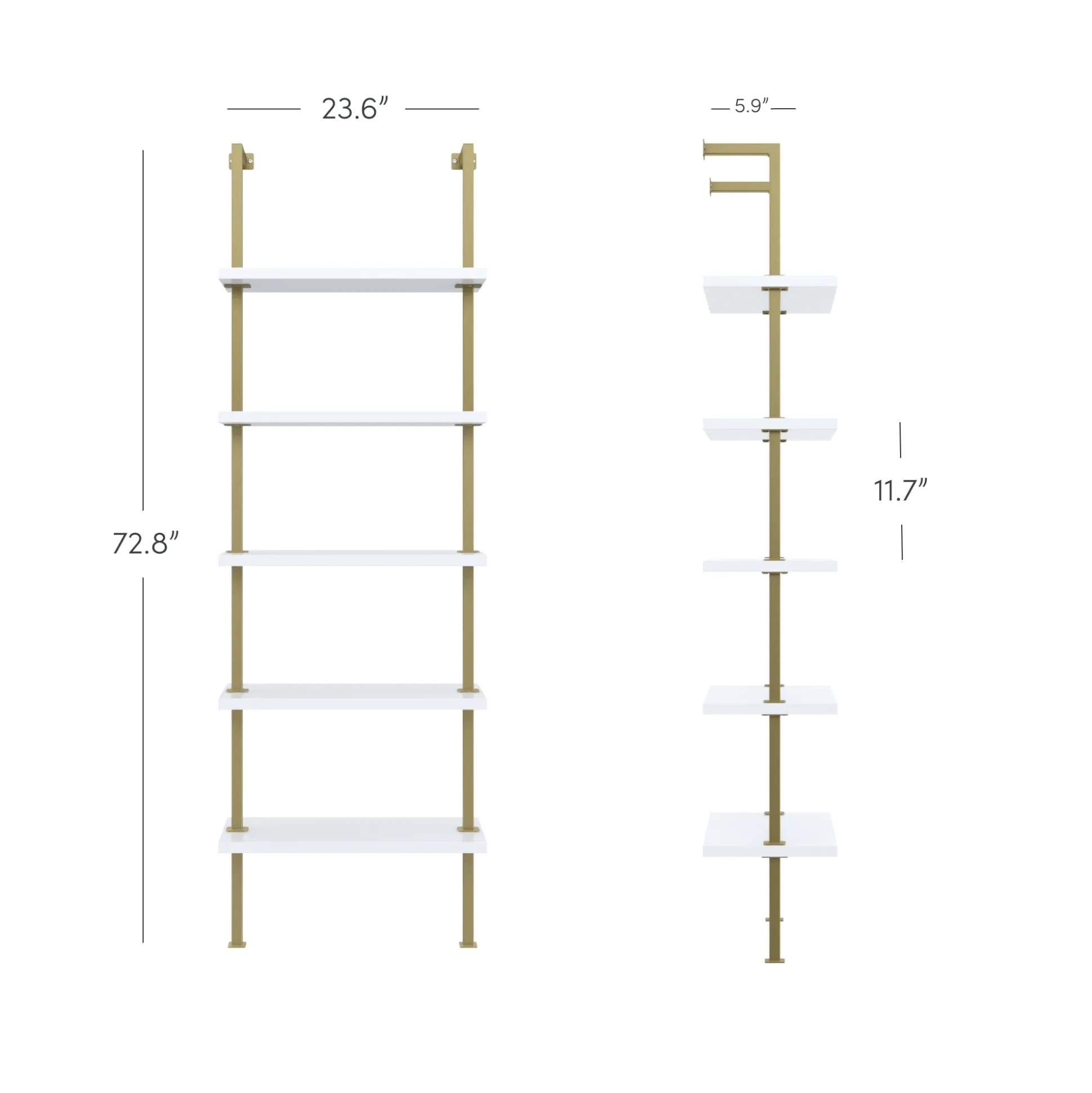 5-Shelf Ladder Wall Bookshelves White Gold (Set of 4)