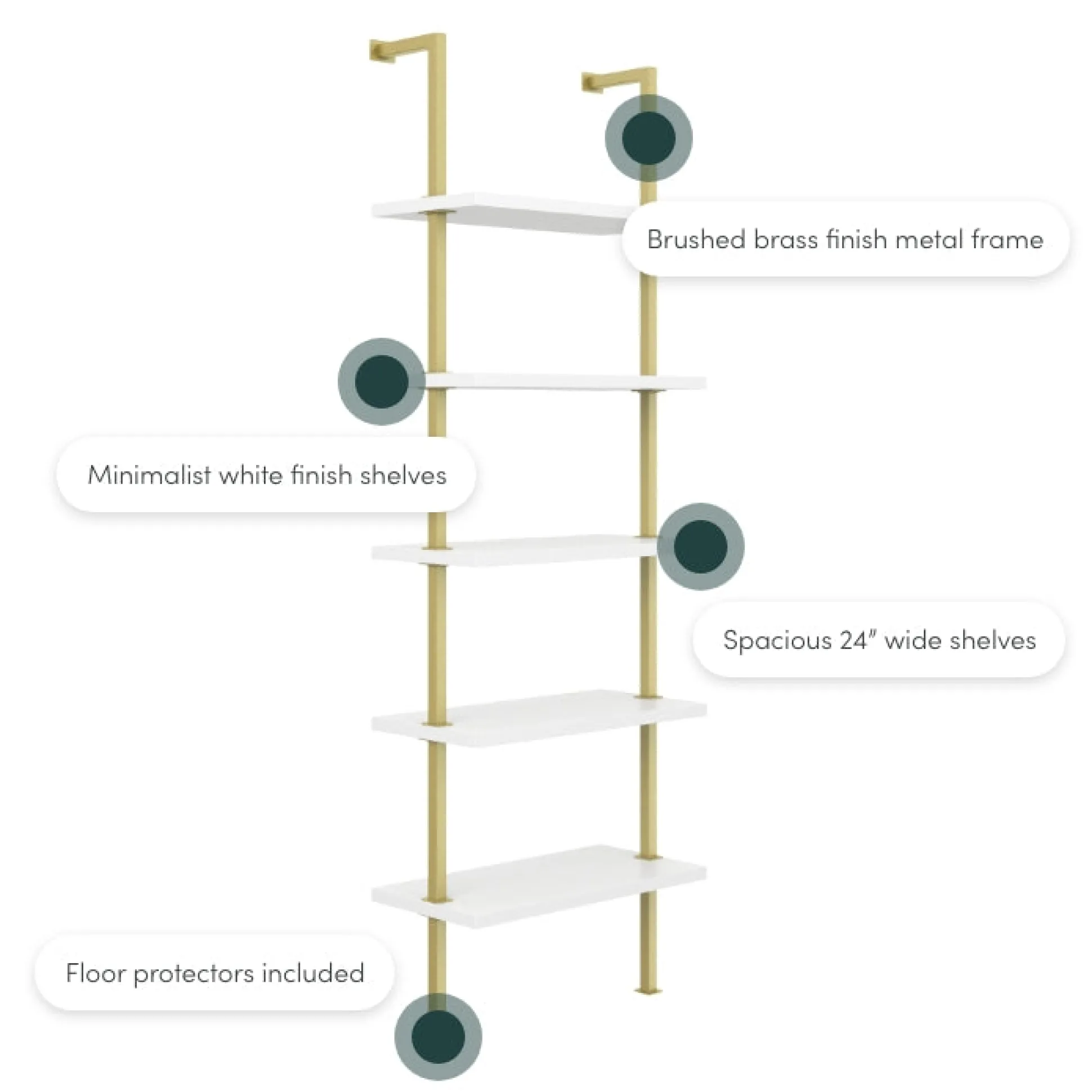 5-Shelf Ladder Wall Bookshelves White Gold (Set of 2)