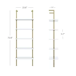 5-Shelf Ladder Wall Bookshelves White Gold (Set of 2)