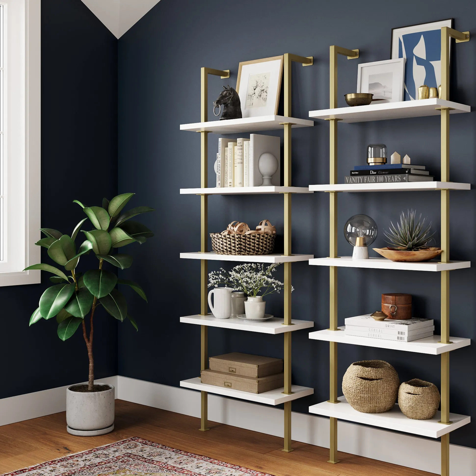 5-Shelf Ladder Wall Bookshelves White Gold (Set of 2)