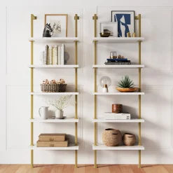 5-Shelf Ladder Wall Bookshelves White Gold (Set of 2)