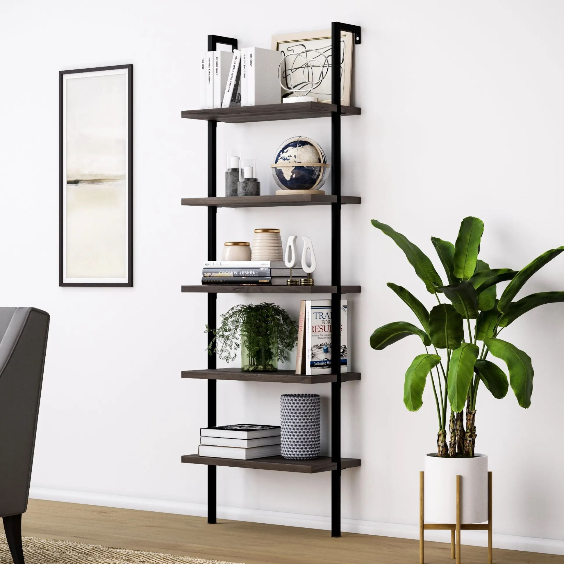 5-Shelf Ladder Wall Bookshelves Nutmeg (Set of 2)
