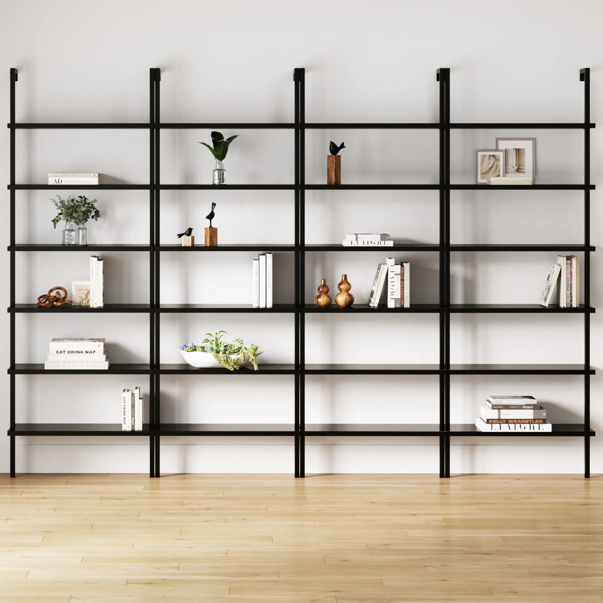 6-Shelf Wall Mount Bookshelf Black (Set of 4)