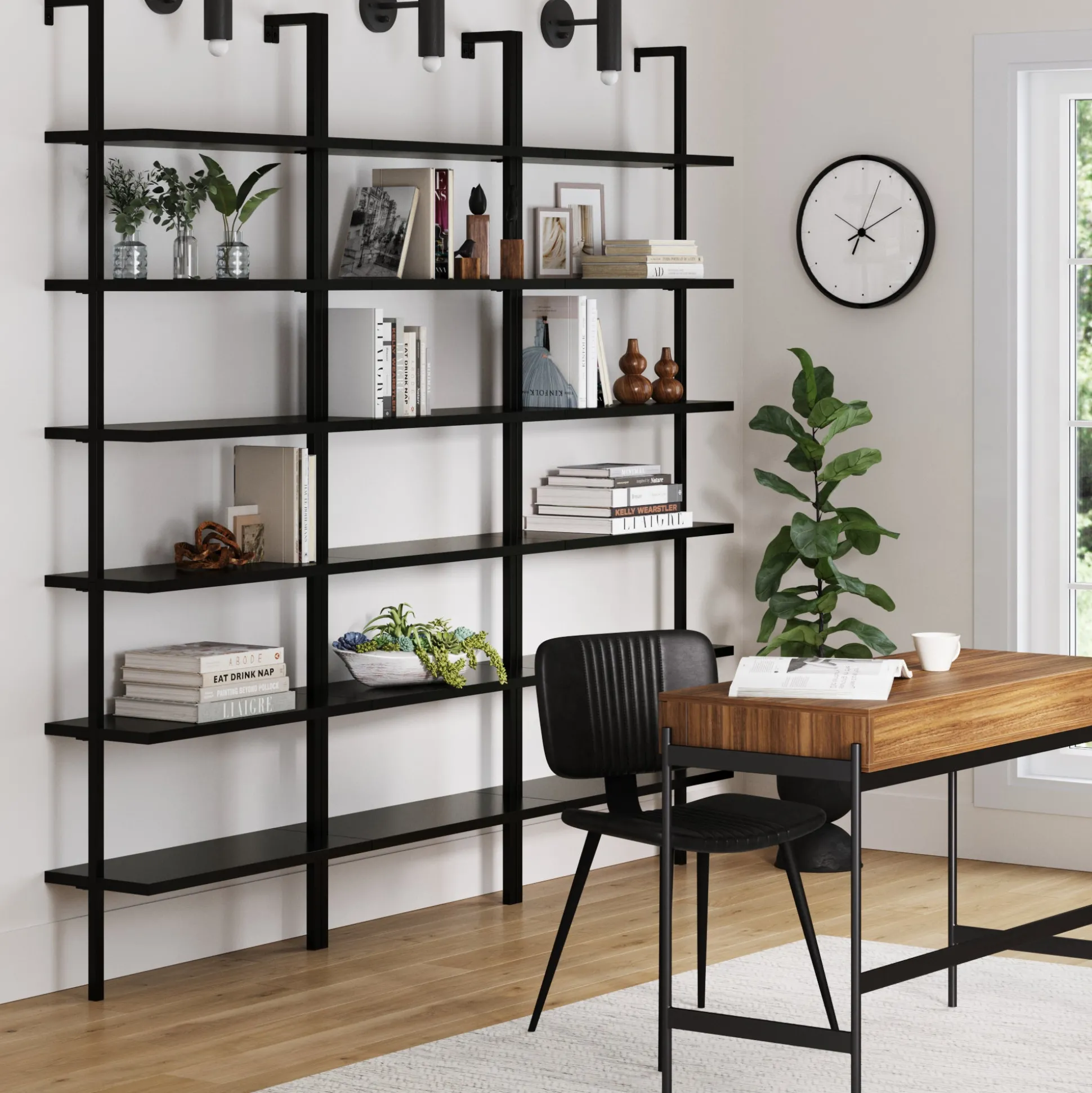 6-Shelf Wall Mount Bookshelf Black (Set of 3)