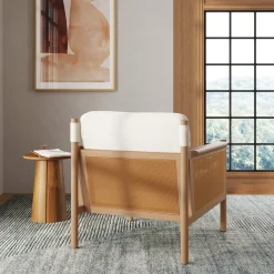 Solid Wood Boucle Accent Chair Rattan Arm Cream/Raw Oak (Set of 2)