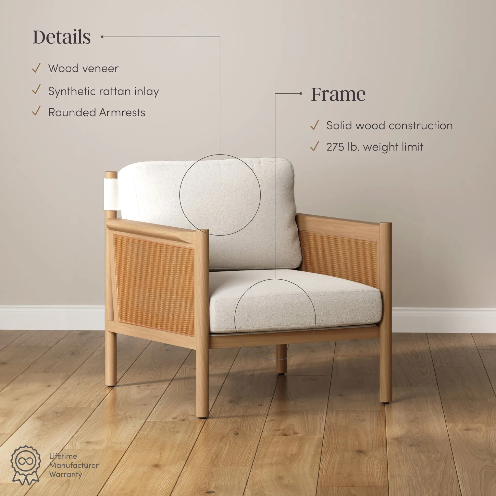 Solid Wood Boucle Accent Chair Rattan Arm Cream/Raw Oak