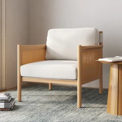 Solid Wood Boucle Accent Chair Rattan Arm Cream/Raw Oak